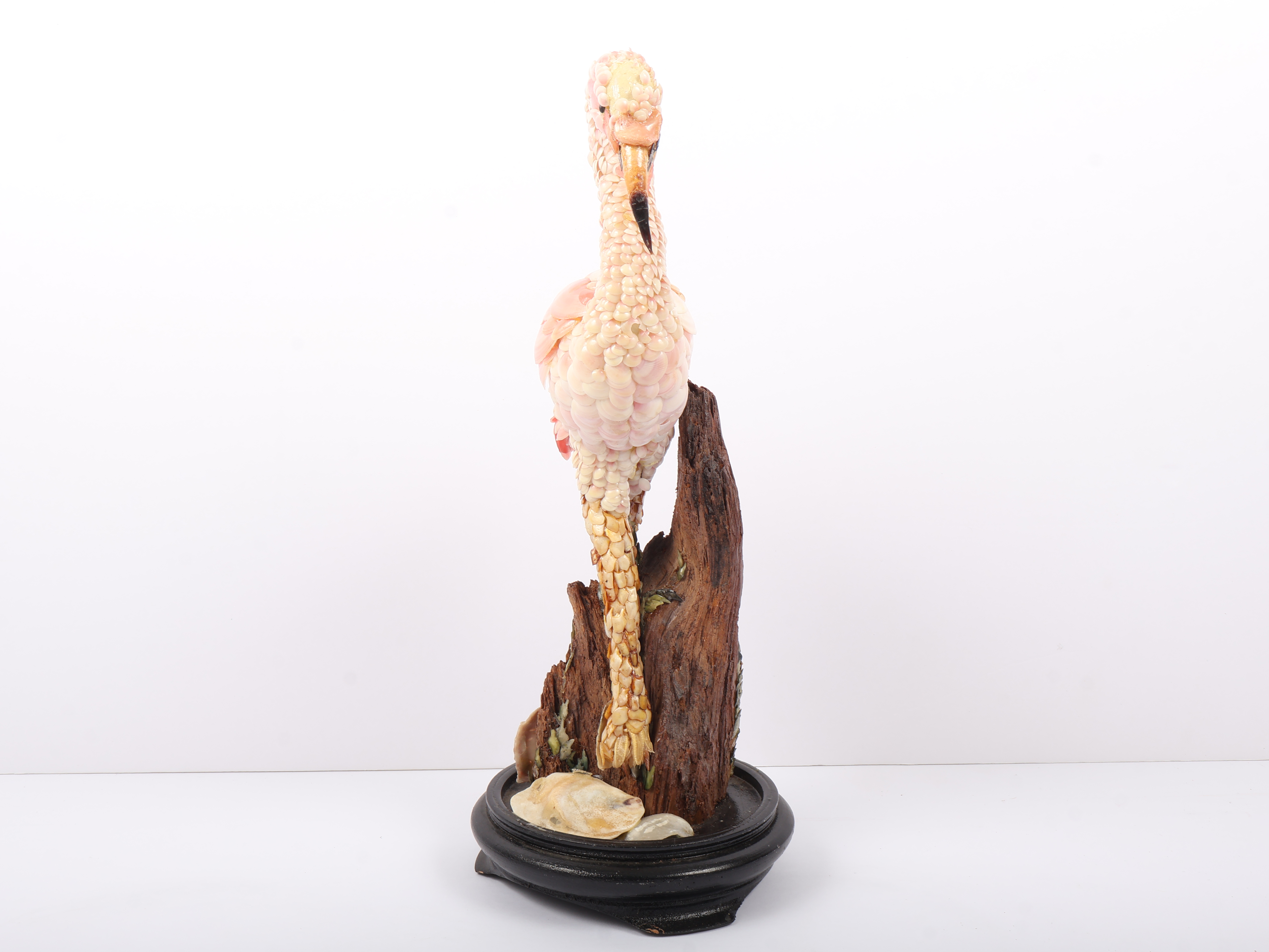 G. Miller Signed Folk Art Shellwork Flamingo Figurine on Driftwood Base