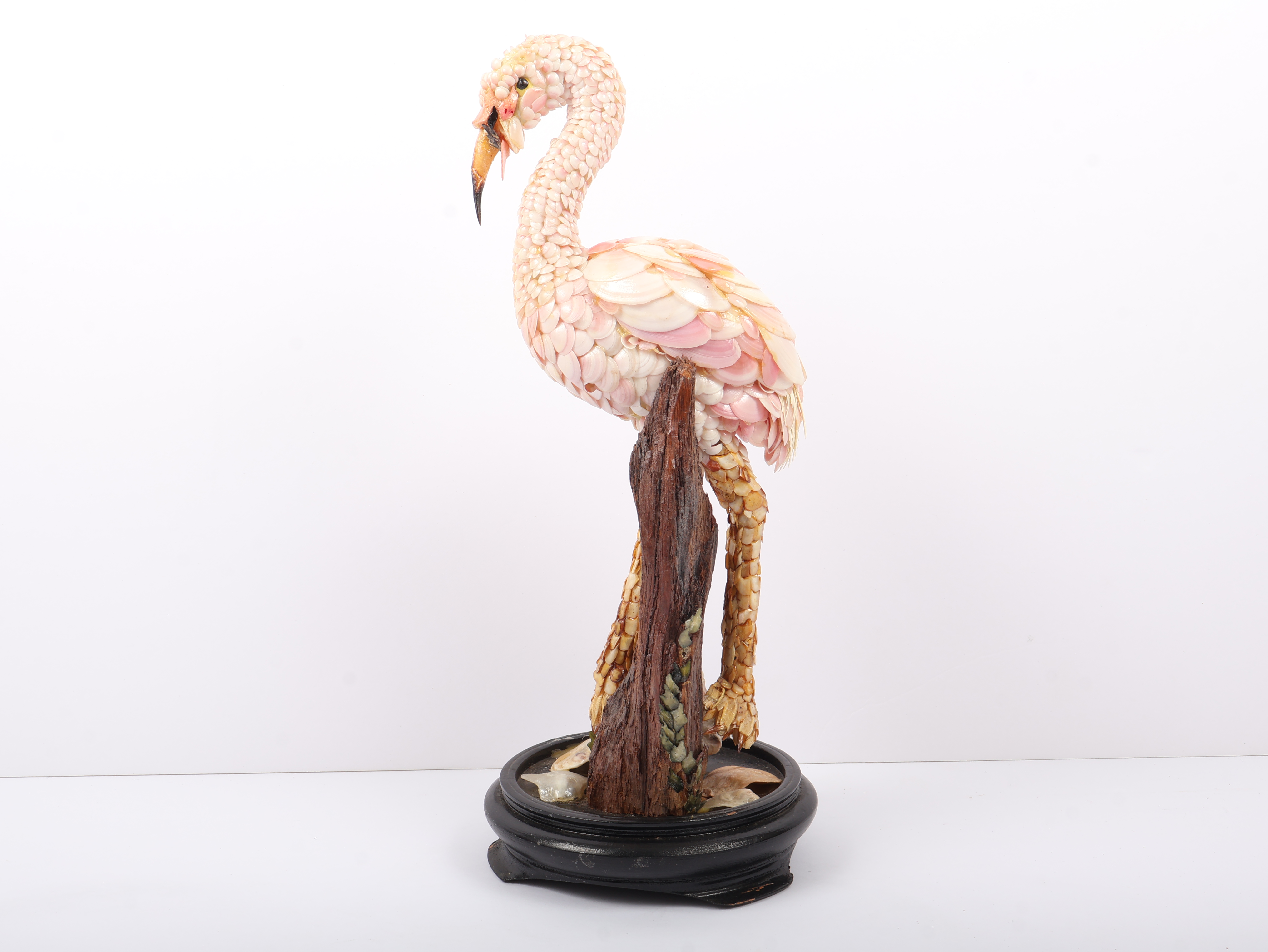 G. Miller Signed Folk Art Shellwork Flamingo Figurine on Driftwood Base