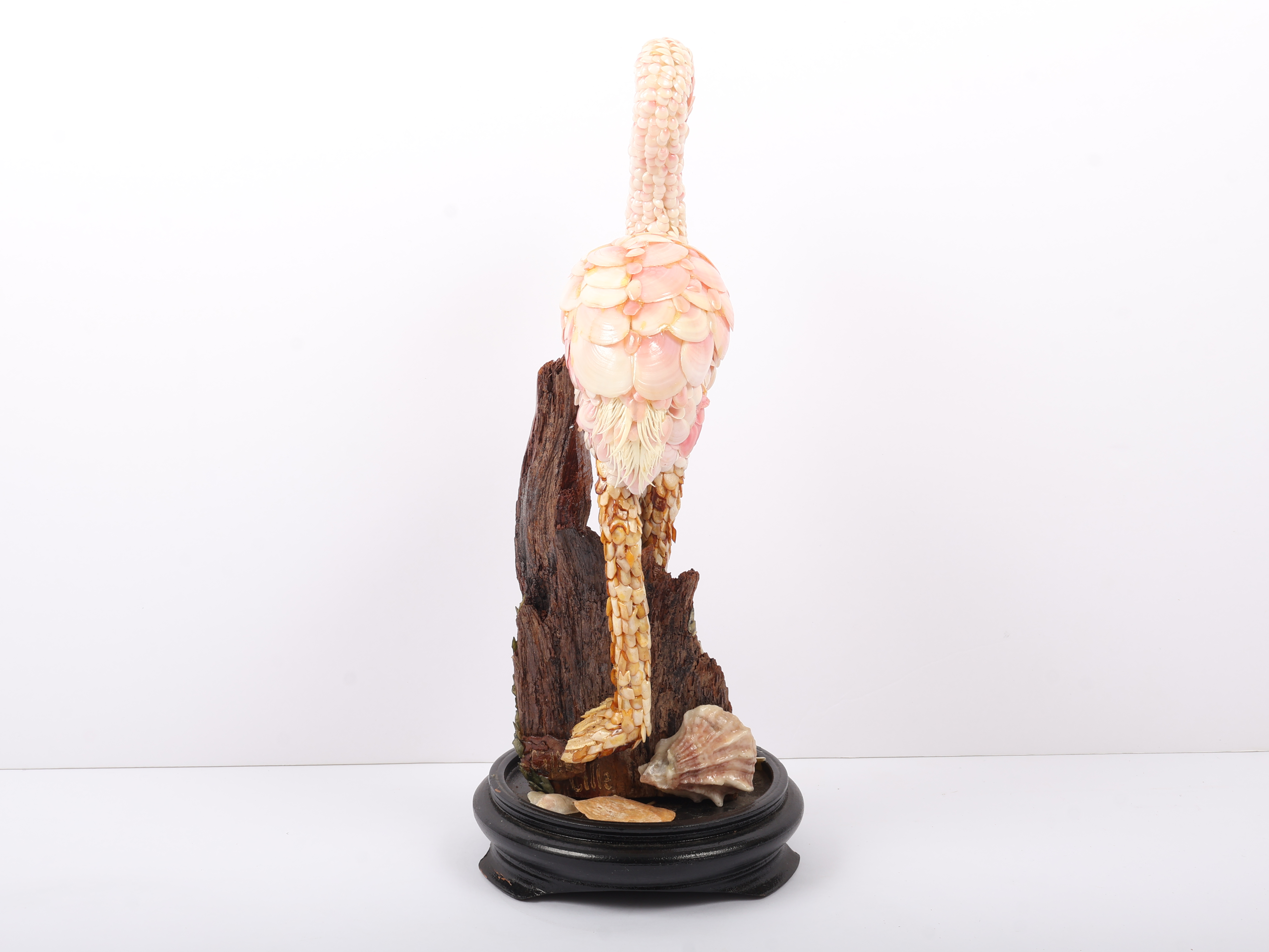 G. Miller Signed Folk Art Shellwork Flamingo Figurine on Driftwood Base