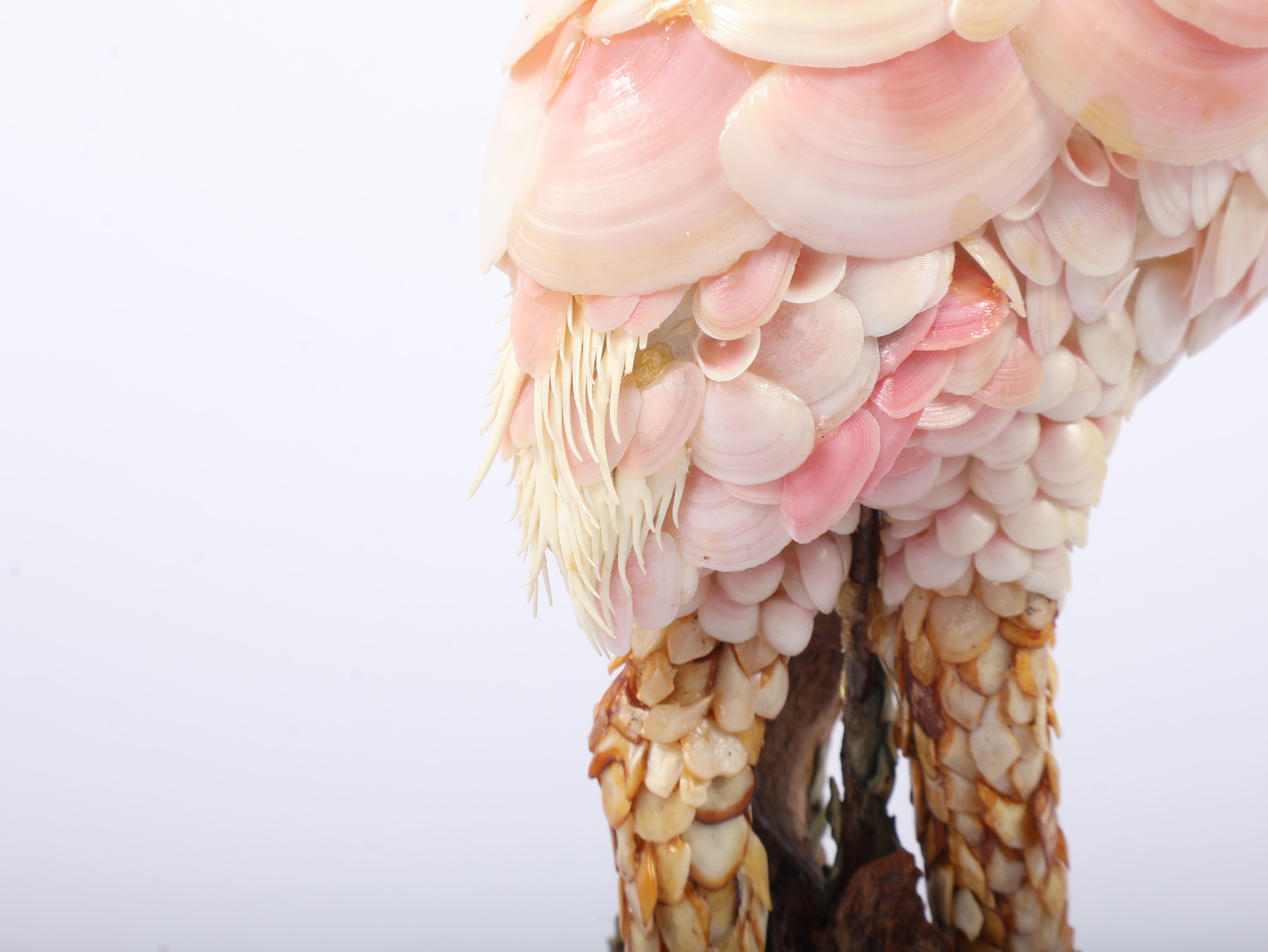 G. Miller Signed Folk Art Shellwork Flamingo Figurine on Driftwood Base