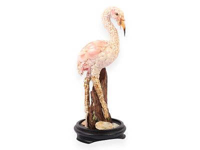 G. Miller Signed Folk Art Shellwork Flamingo Figurine on Driftwood Base. Handcrafted shellwork 