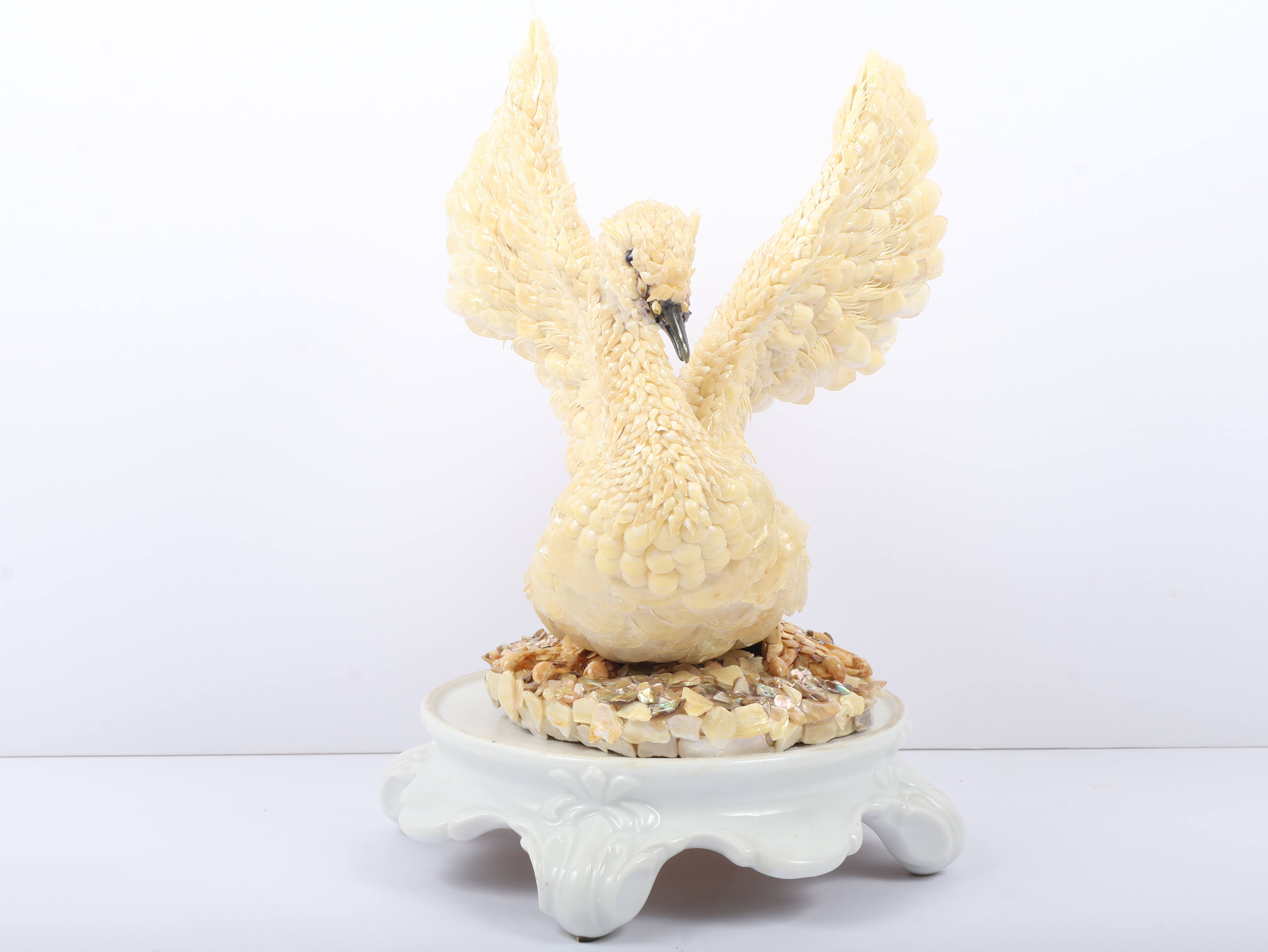 Shell Art Coquillage Swan Figurine Signed Lille on Porcelain Stand