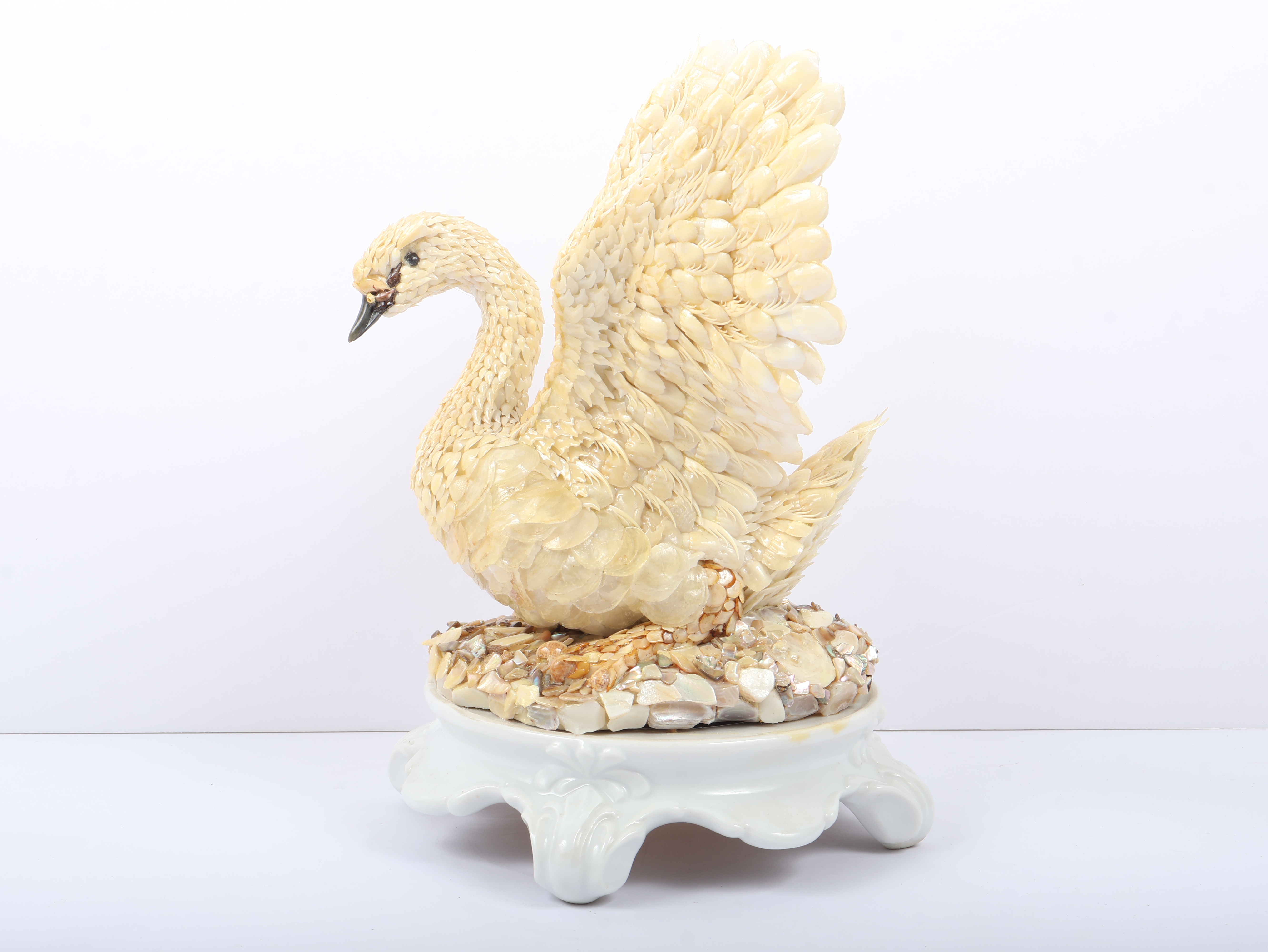 Shell Art Coquillage Swan Figurine Signed Lille on Porcelain Stand