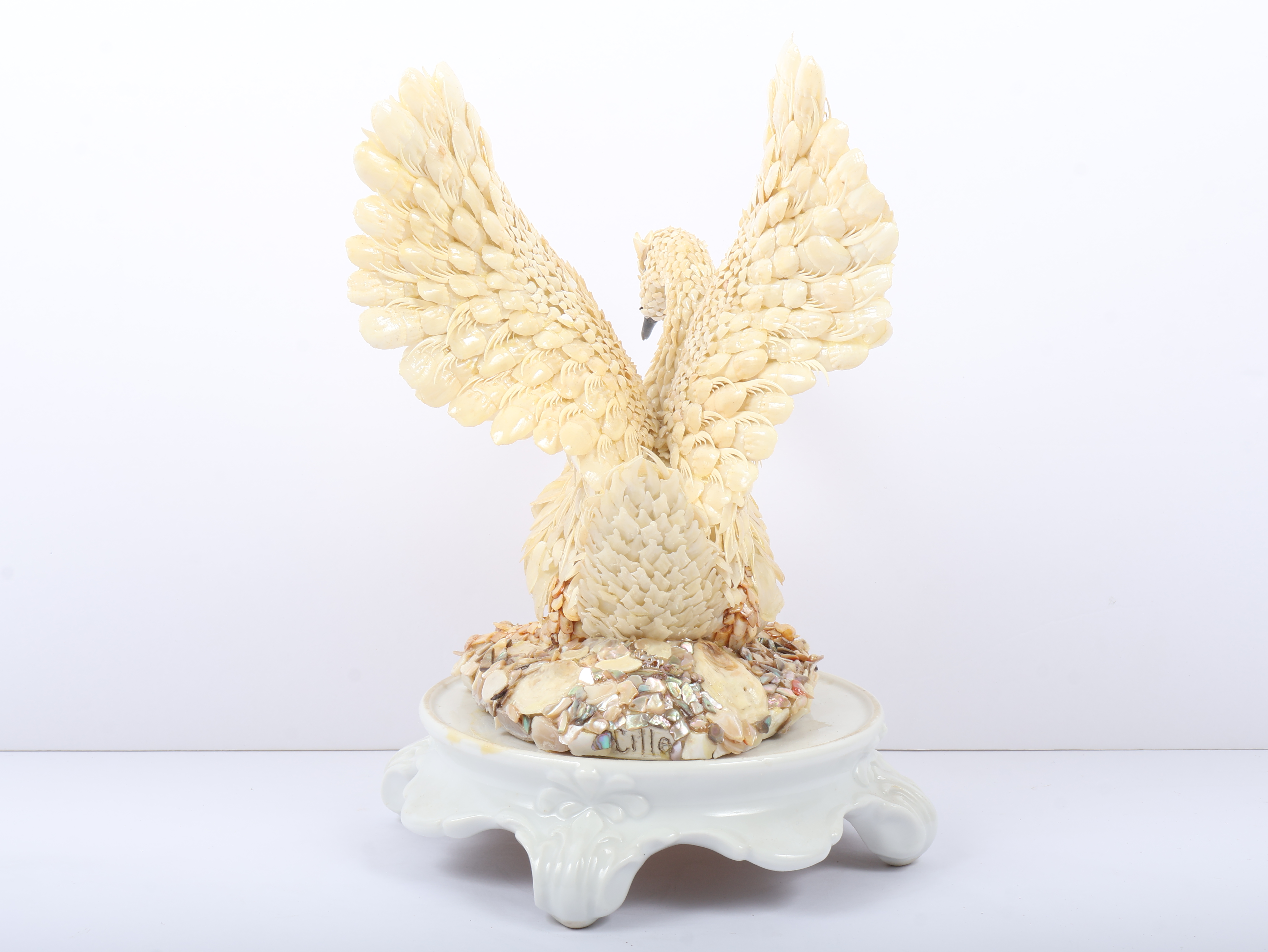 Shell Art Coquillage Swan Figurine Signed Lille on Porcelain Stand