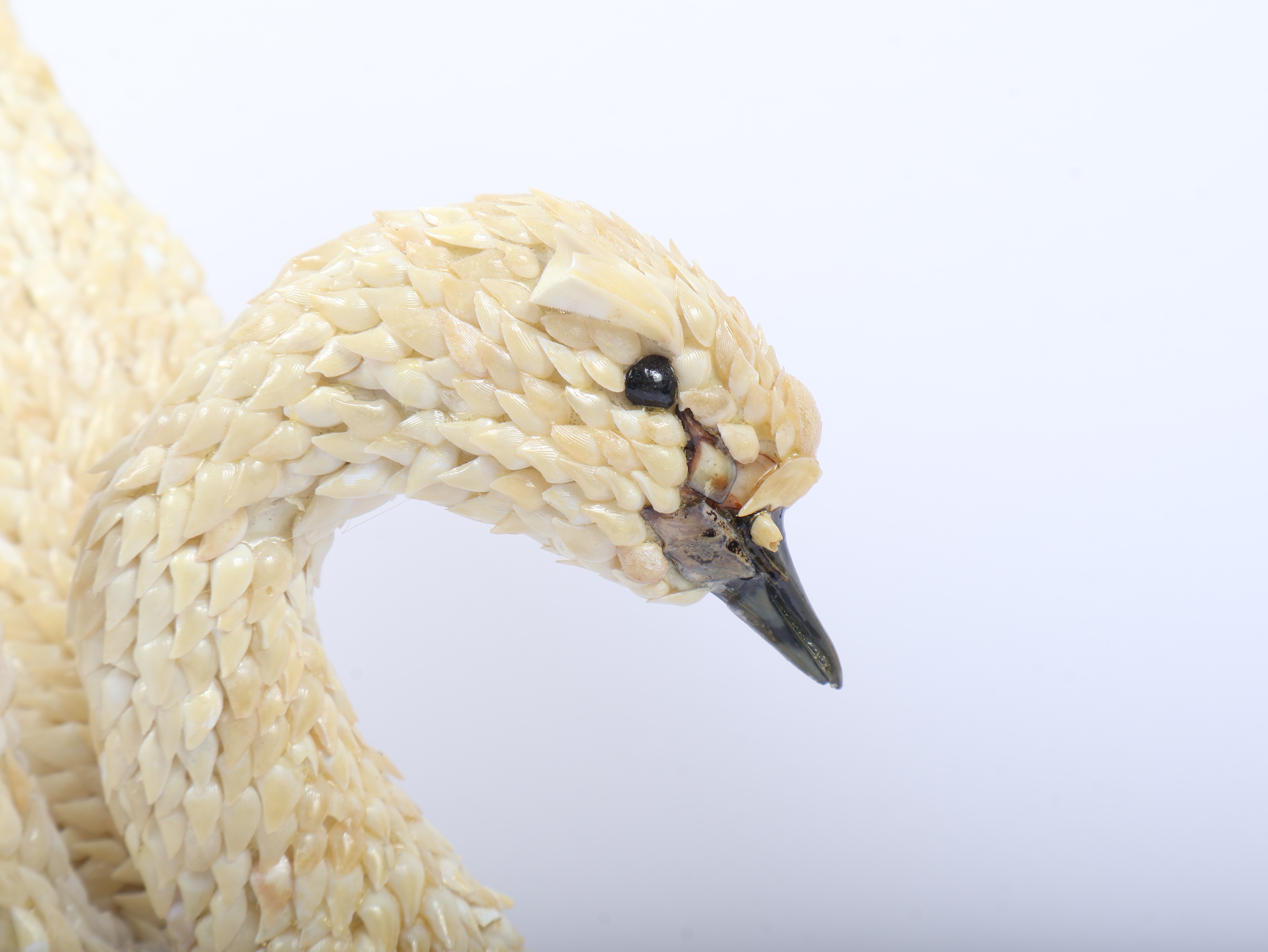 Shell Art Coquillage Swan Figurine Signed Lille on Porcelain Stand