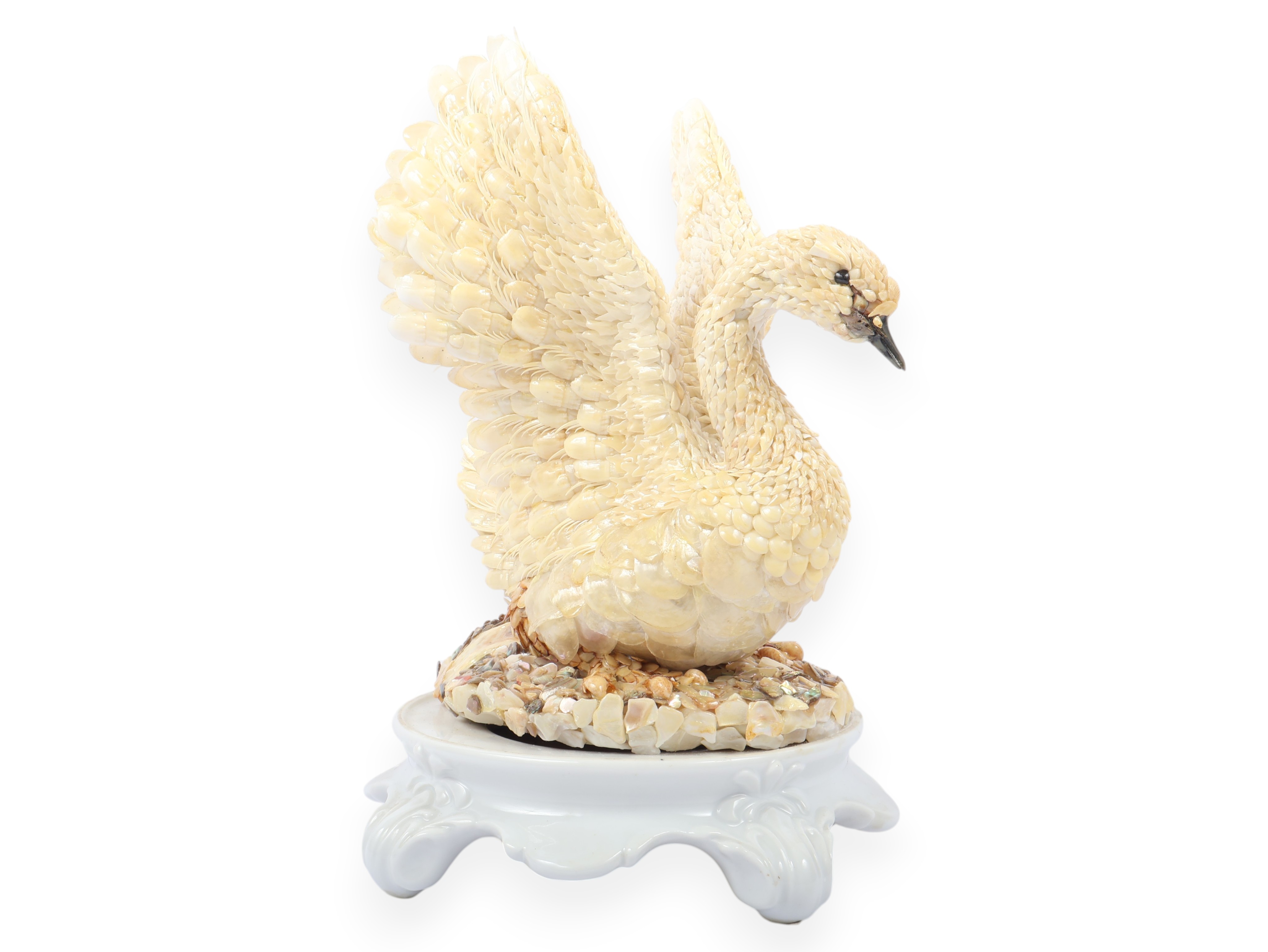Shell Art Coquillage Swan Figurine Signed Lille on Porcelain Stand
