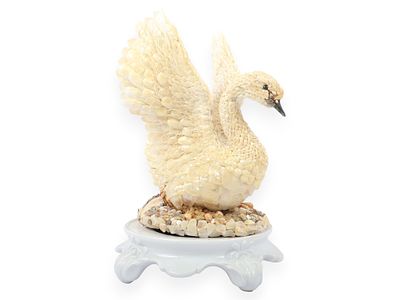 Shell Art Coquillage Swan Figurine Signed Lille on Porcelain Stand. A large shell art or 