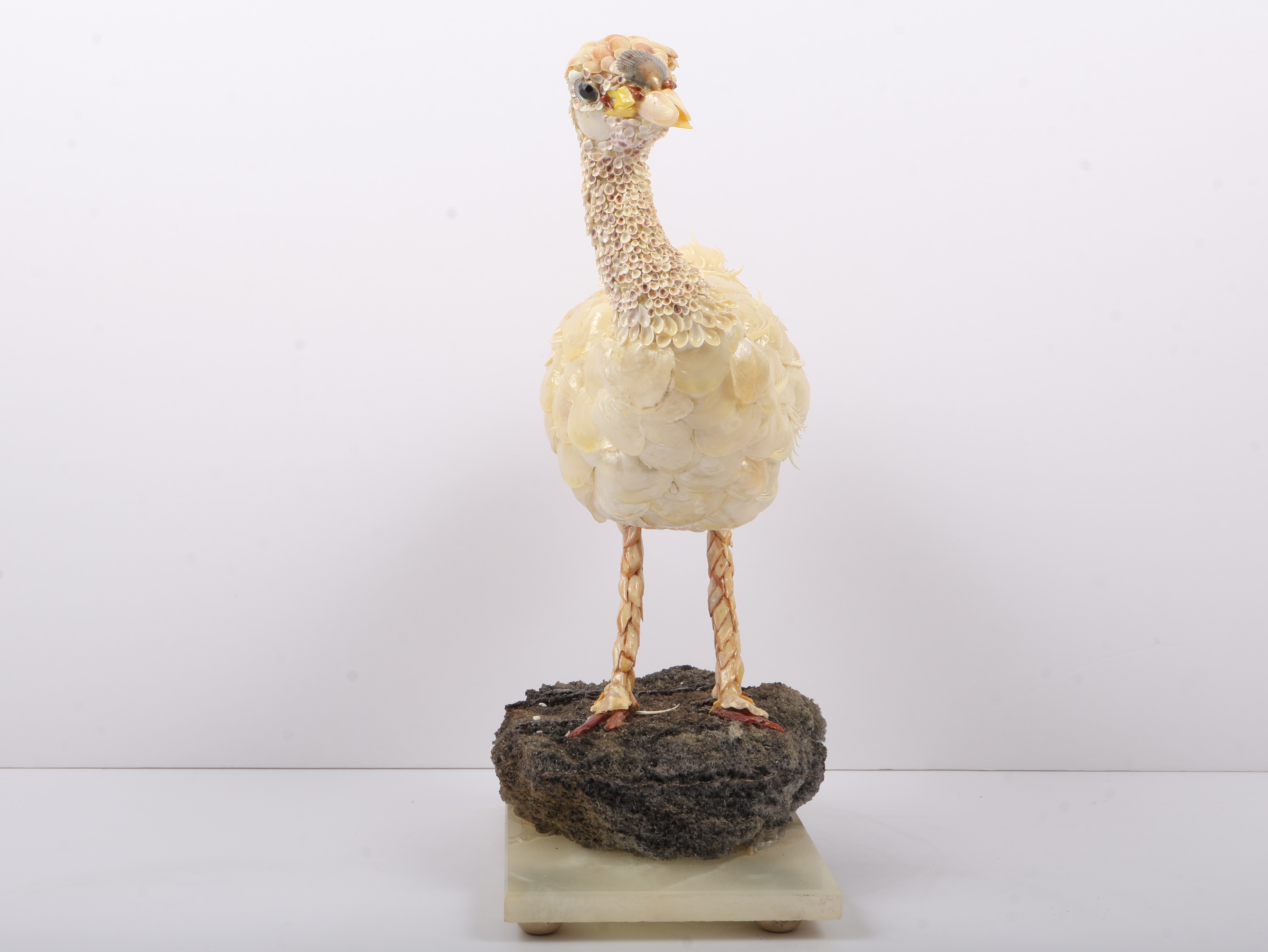 Large Shellwork Ostrich Figurine on Onyx Base