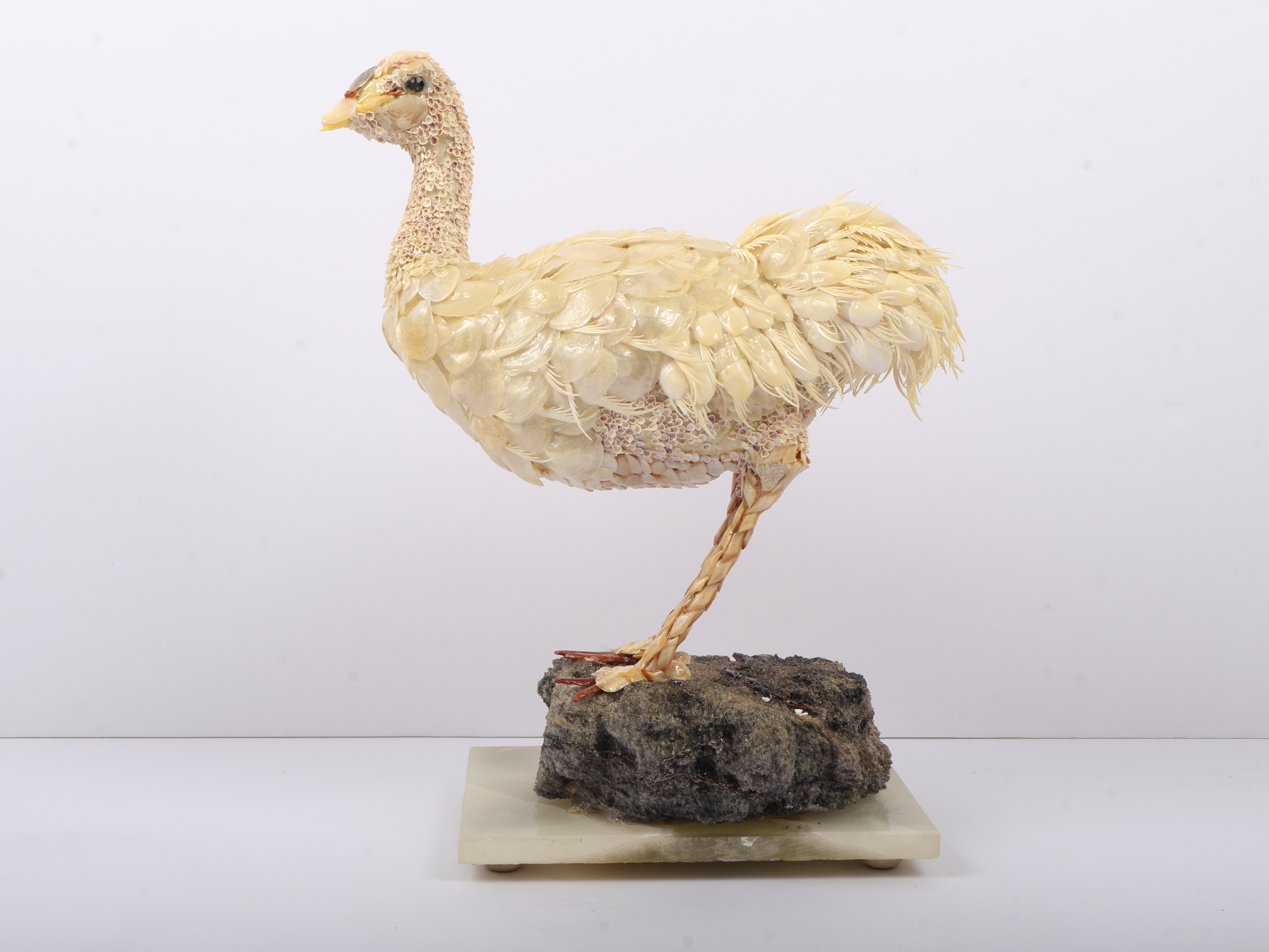 Large Shellwork Ostrich Figurine on Onyx Base