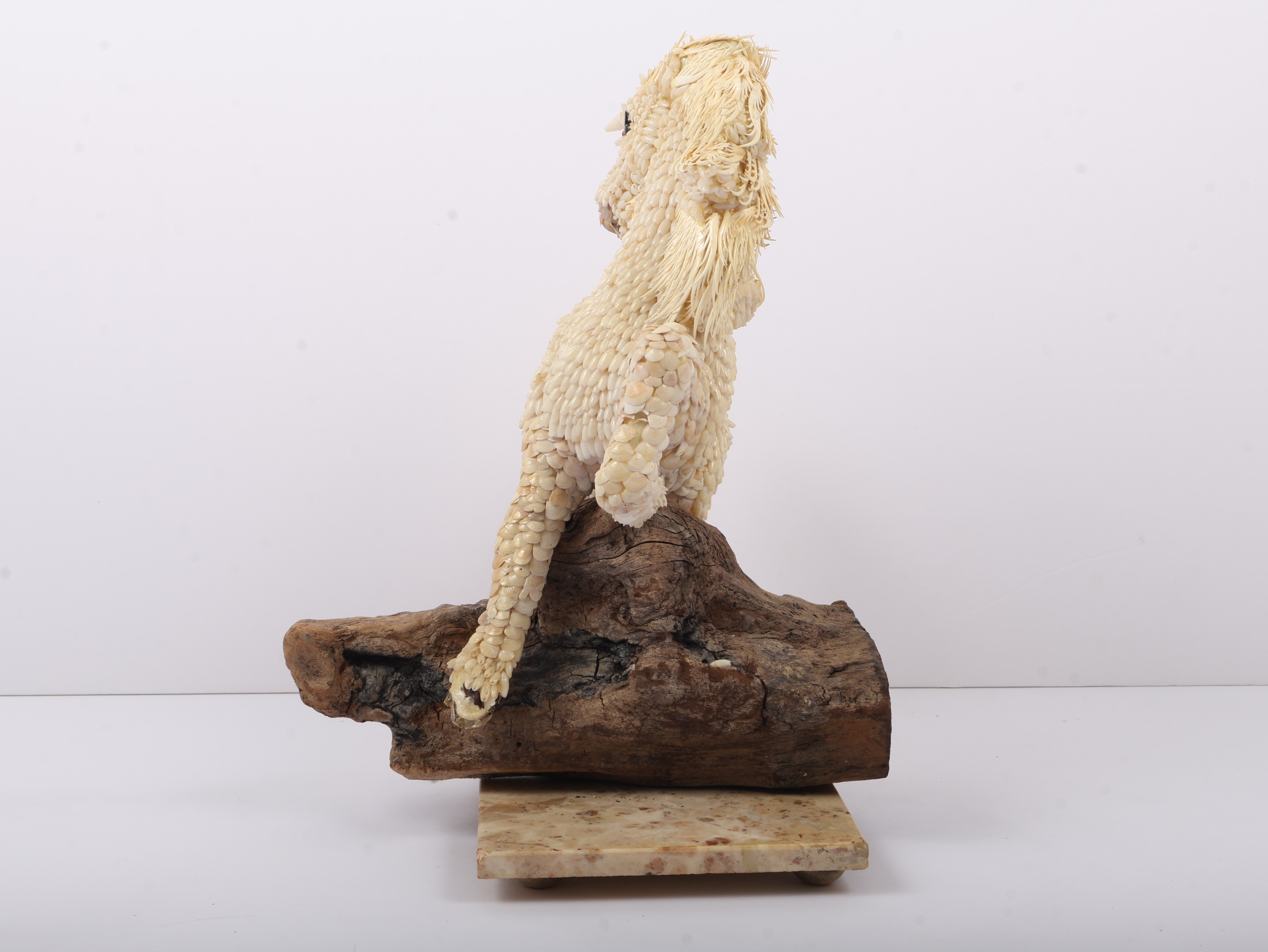 Chilean Shell Art Unicorn Figure on Driftwood and Marble Base