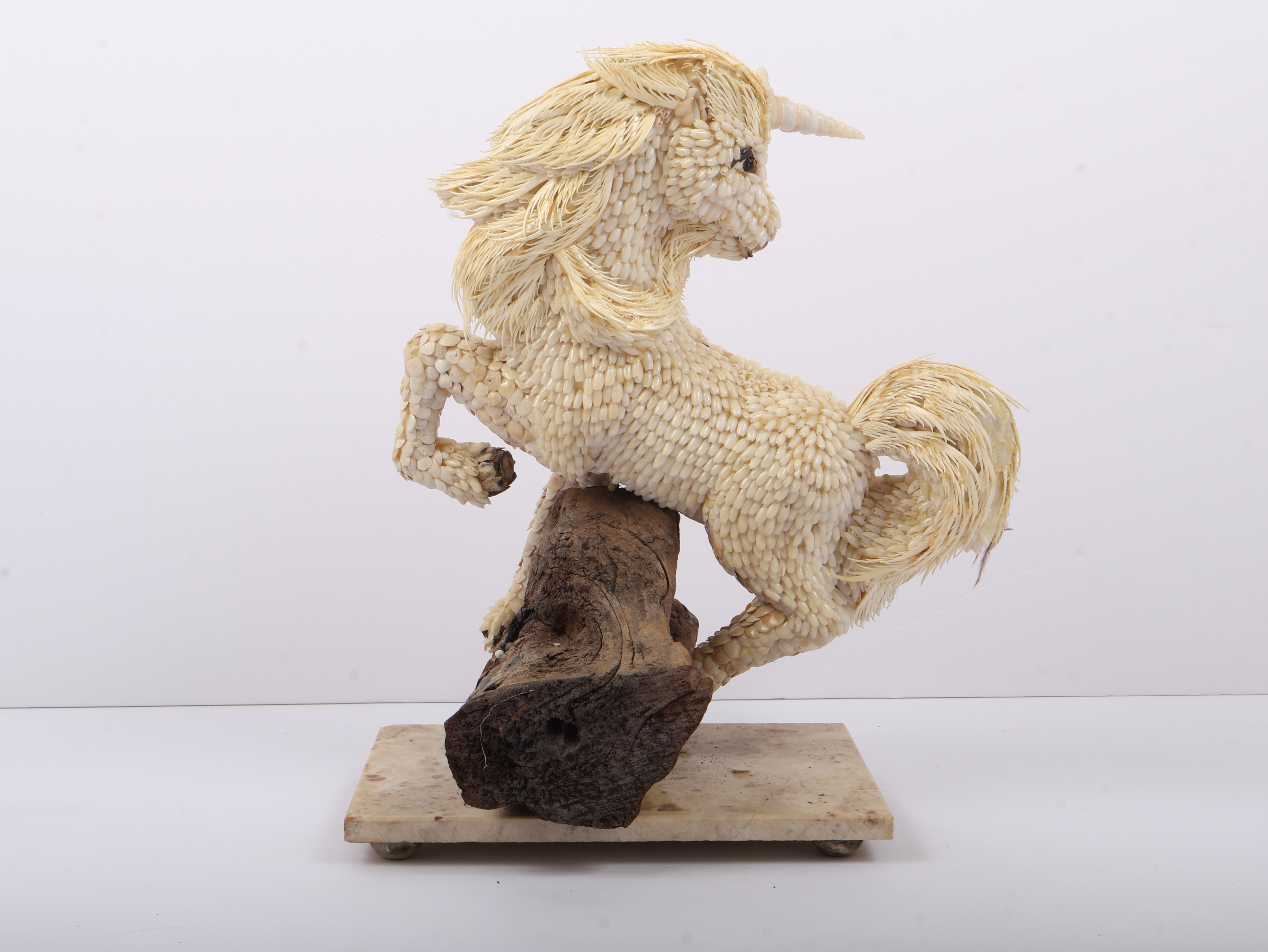 Chilean Shell Art Unicorn Figure on Driftwood and Marble Base