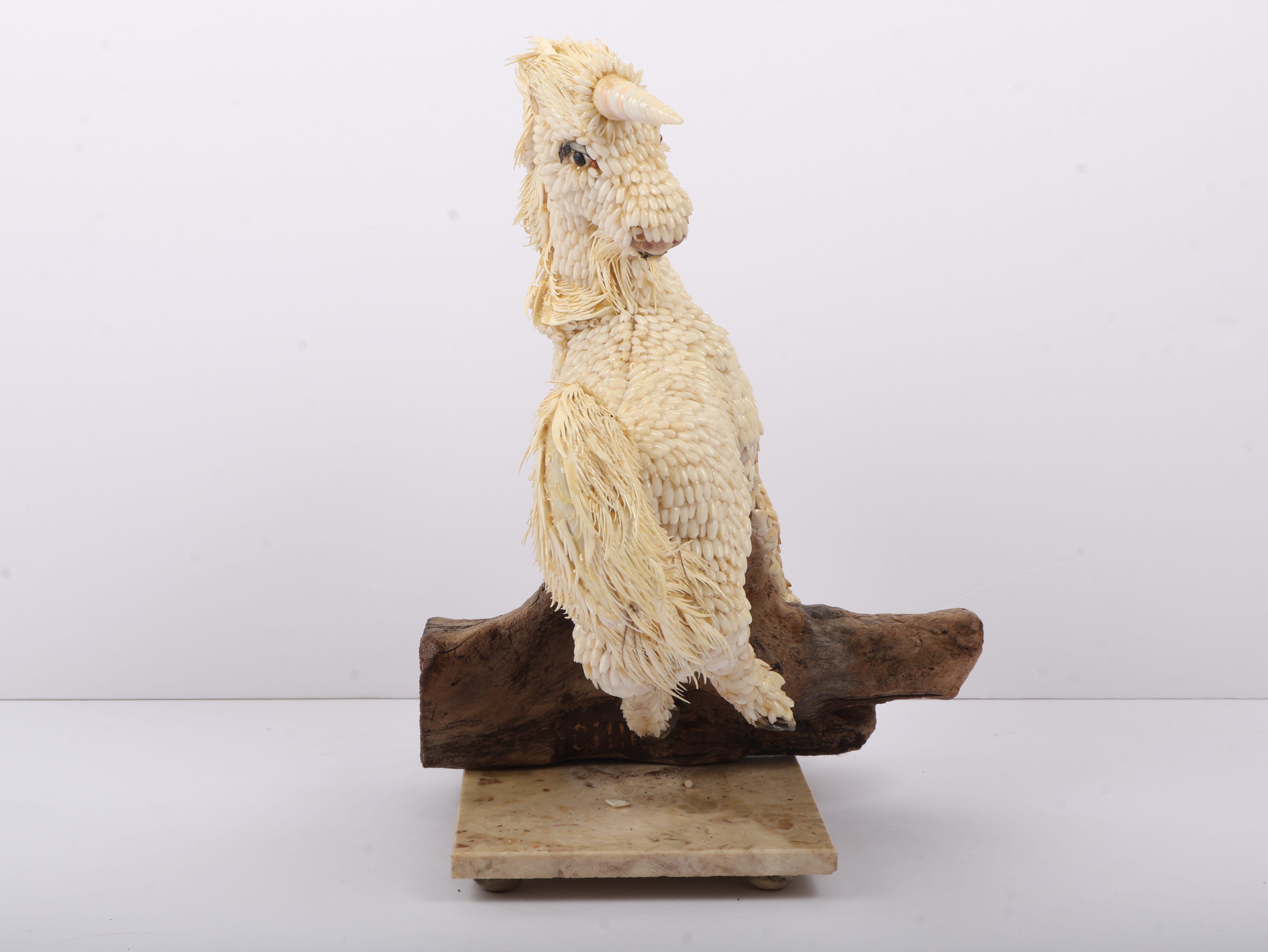 Chilean Shell Art Unicorn Figure on Driftwood and Marble Base