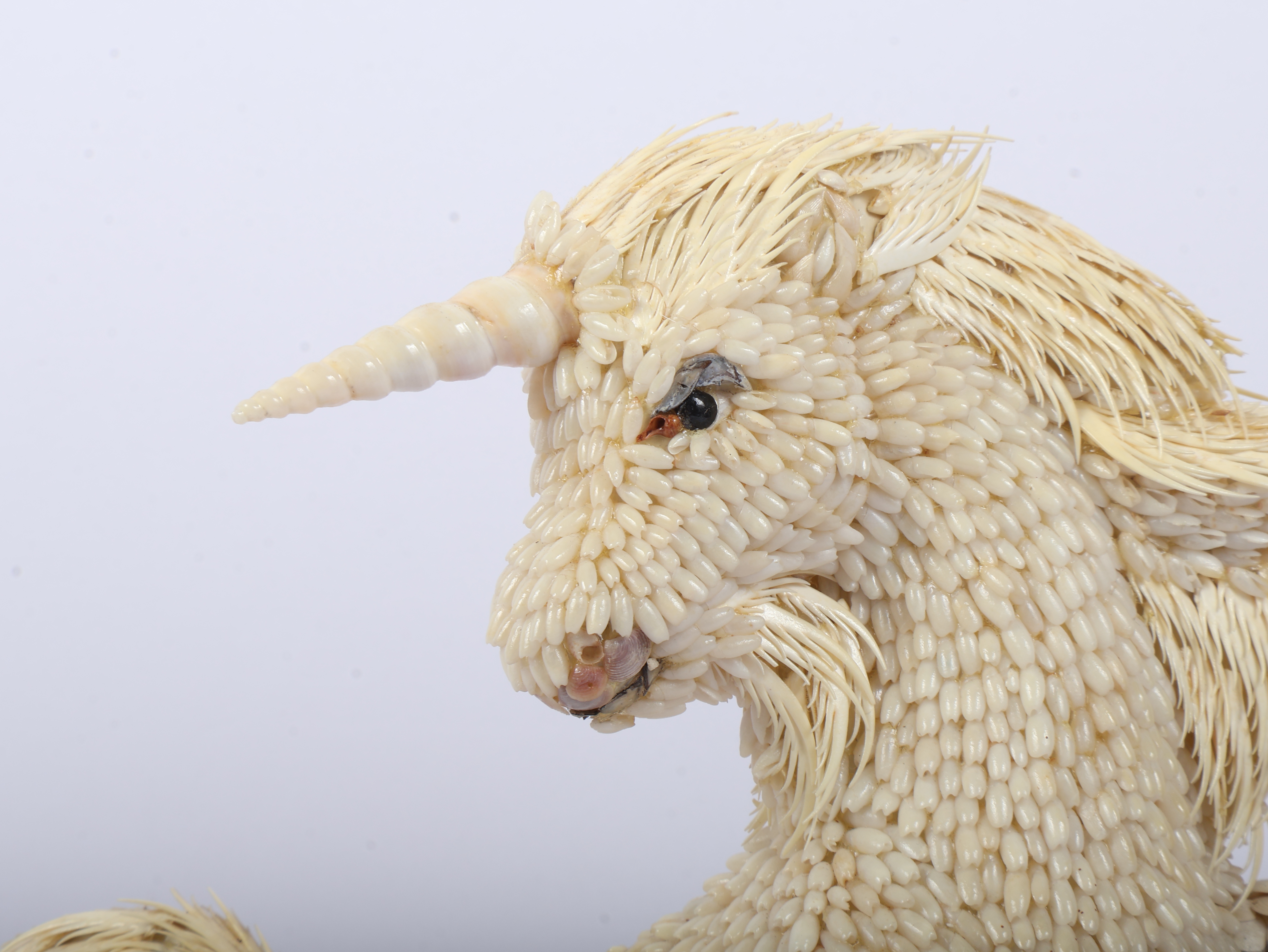 Chilean Shell Art Unicorn Figure on Driftwood and Marble Base