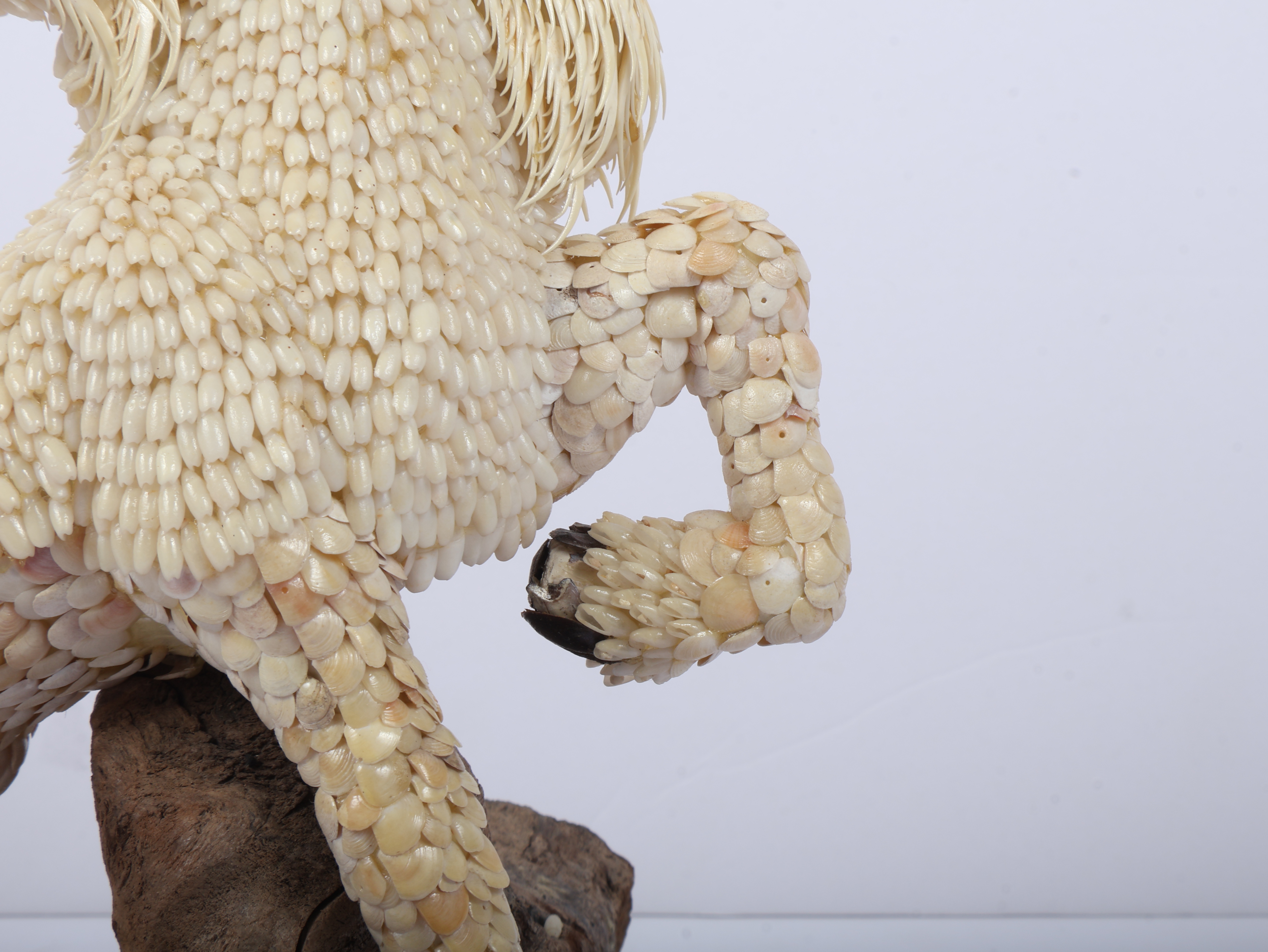 Chilean Shell Art Unicorn Figure on Driftwood and Marble Base