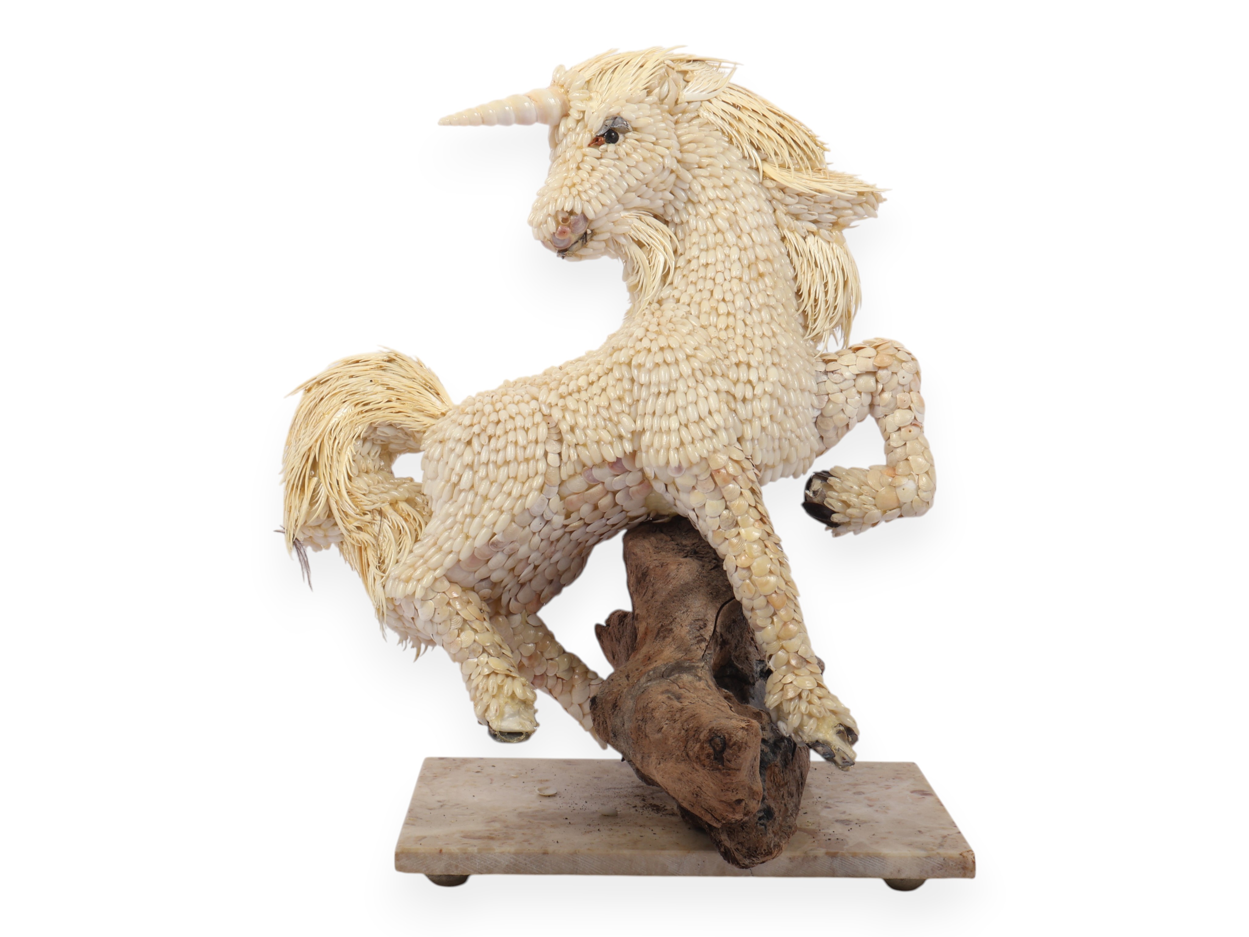 Chilean Shell Art Unicorn Figure on Driftwood and Marble Base