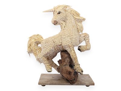 Chilean Shell Art Unicorn Figure on Driftwood and Marble Base. A Chilean shell art or coquillage 