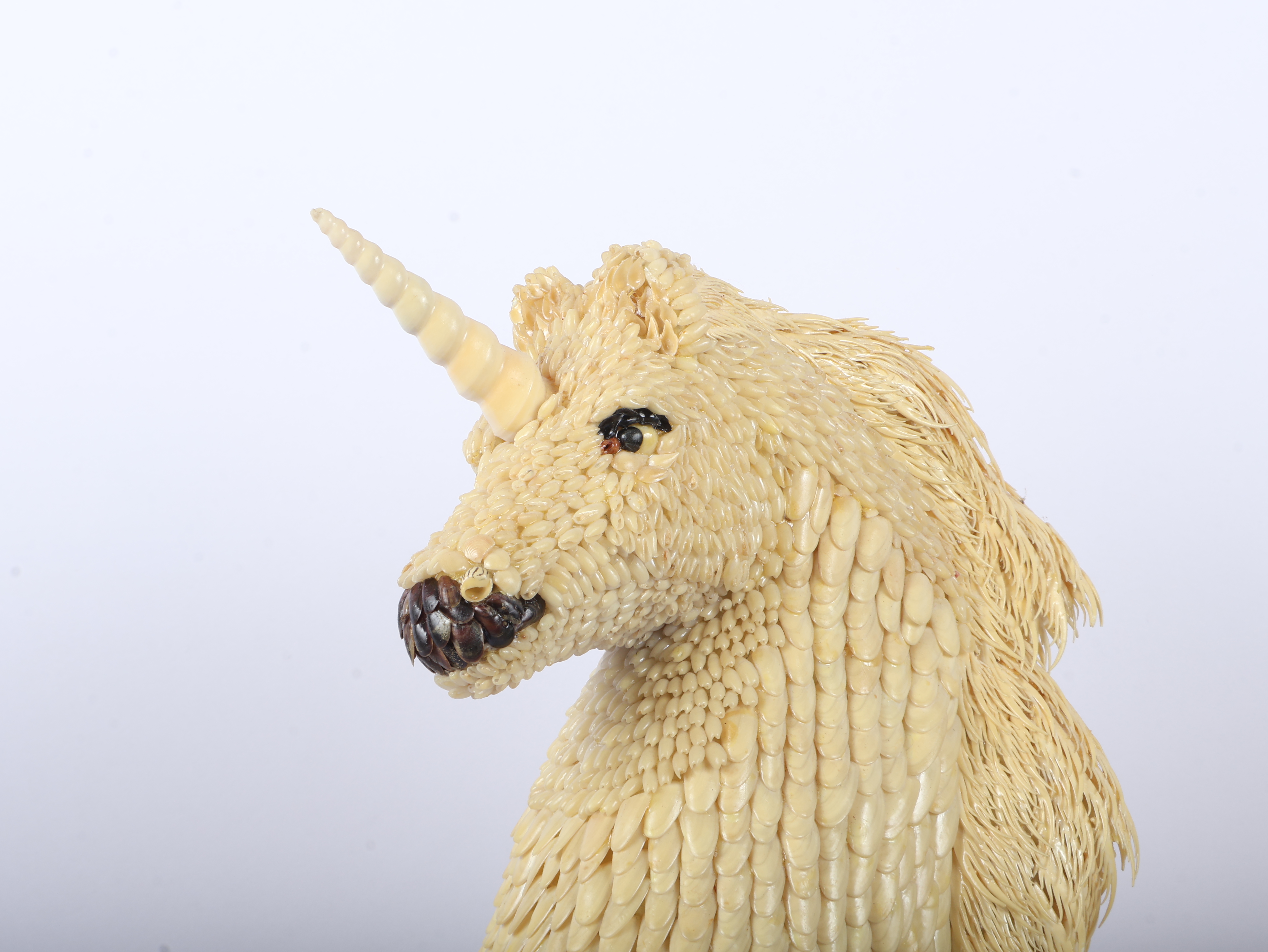 Large Folk Art Shell-Work Rearing Unicorn Sculpture