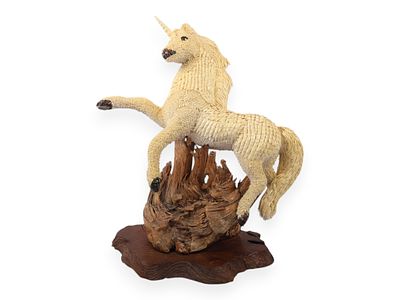 Large Folk Art Shell-Work Rearing Unicorn Sculpture. This large folk art shell-work sculpture 