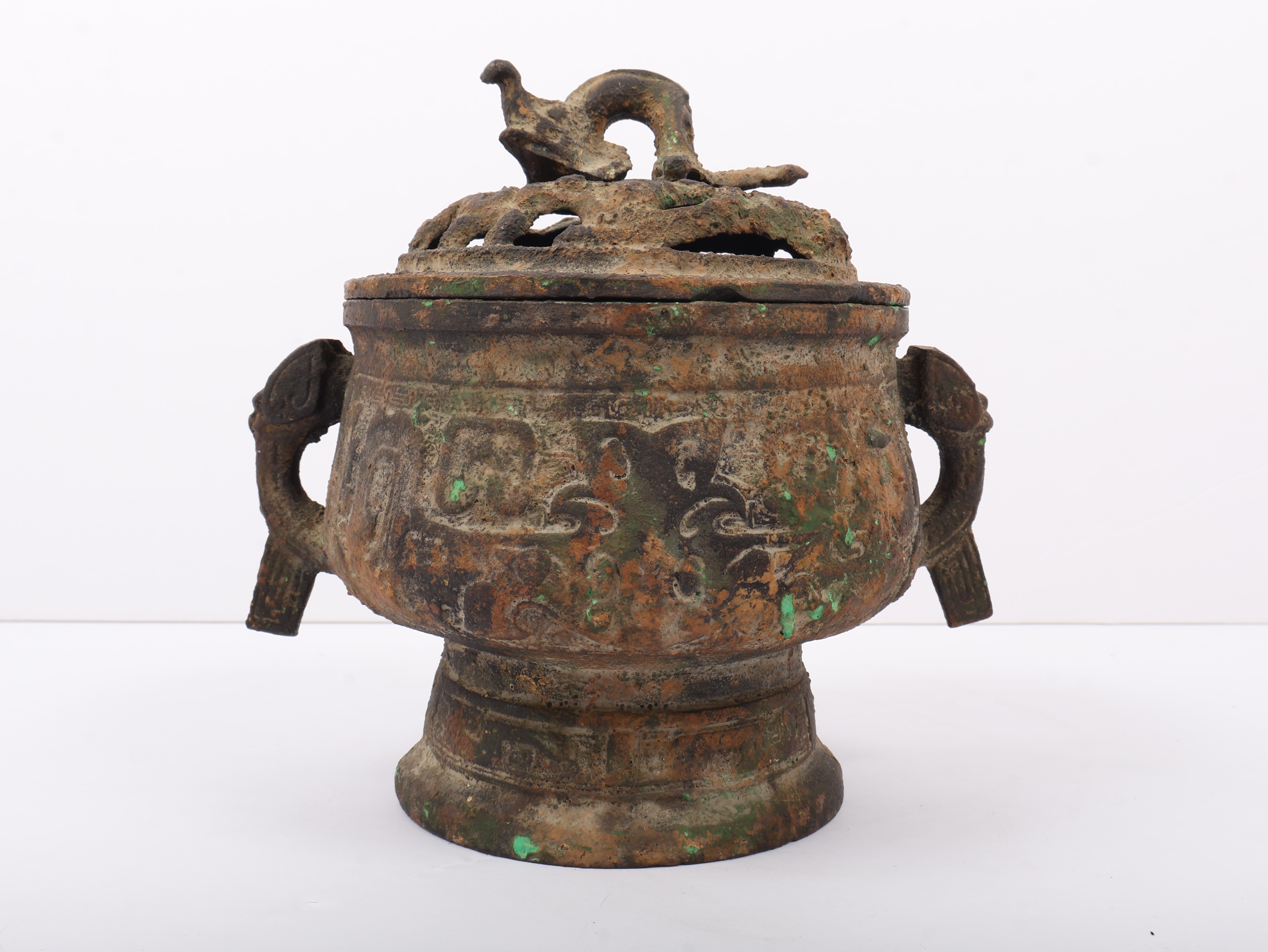 Japanese Archaistic Bronze Censer and Cover with Bird Finial