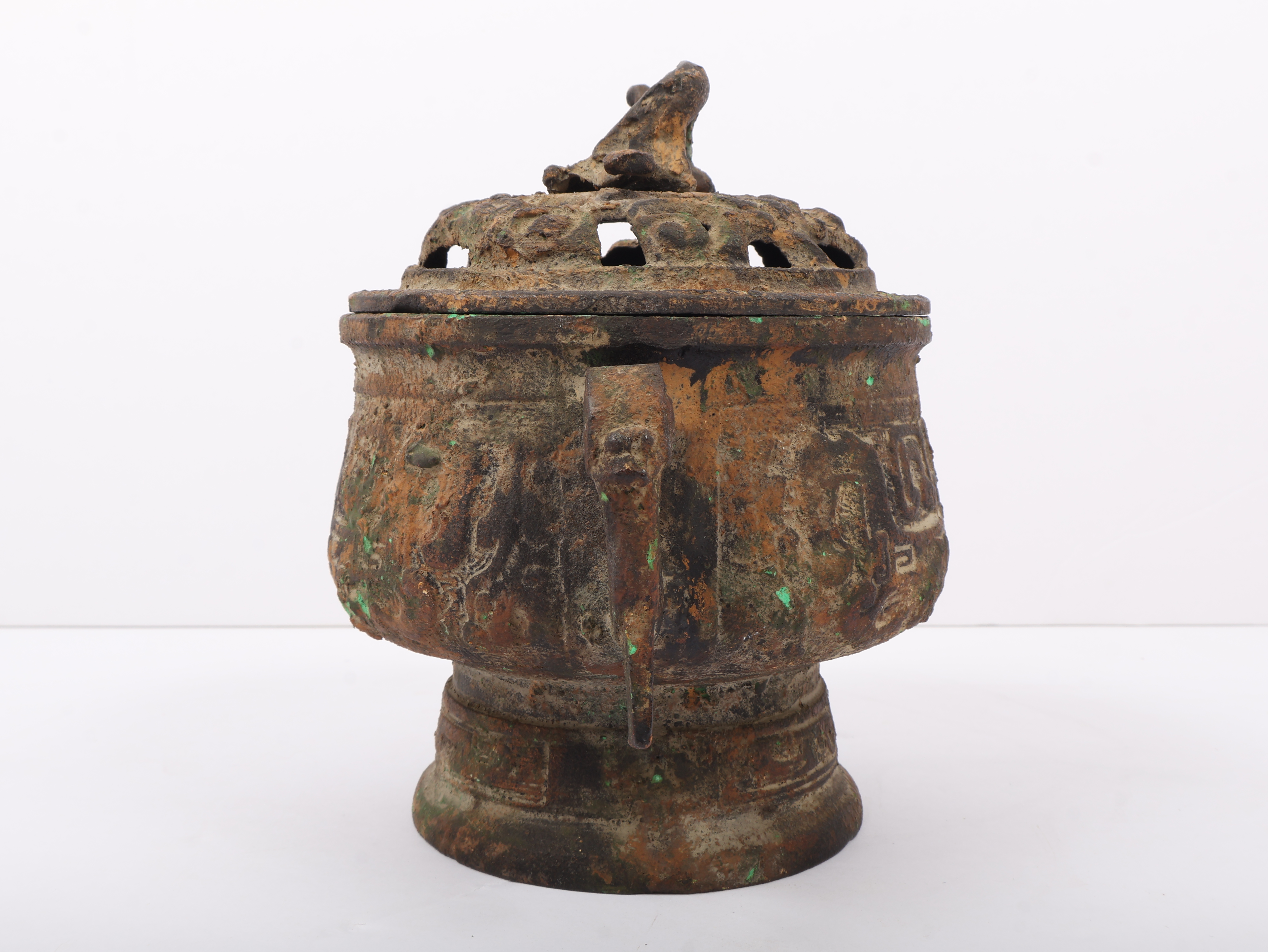 Japanese Archaistic Bronze Censer and Cover with Bird Finial
