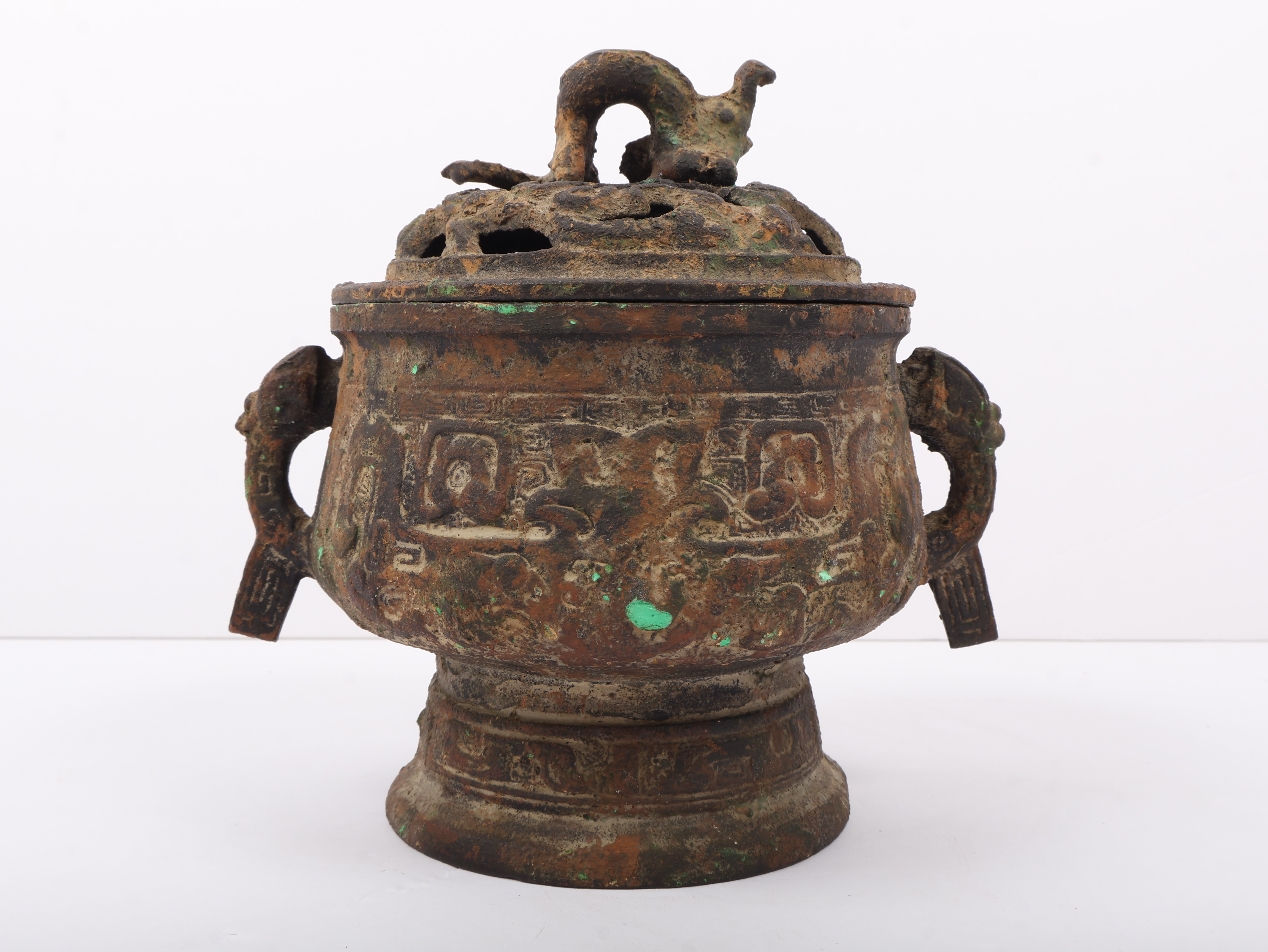 Japanese Archaistic Bronze Censer and Cover with Bird Finial