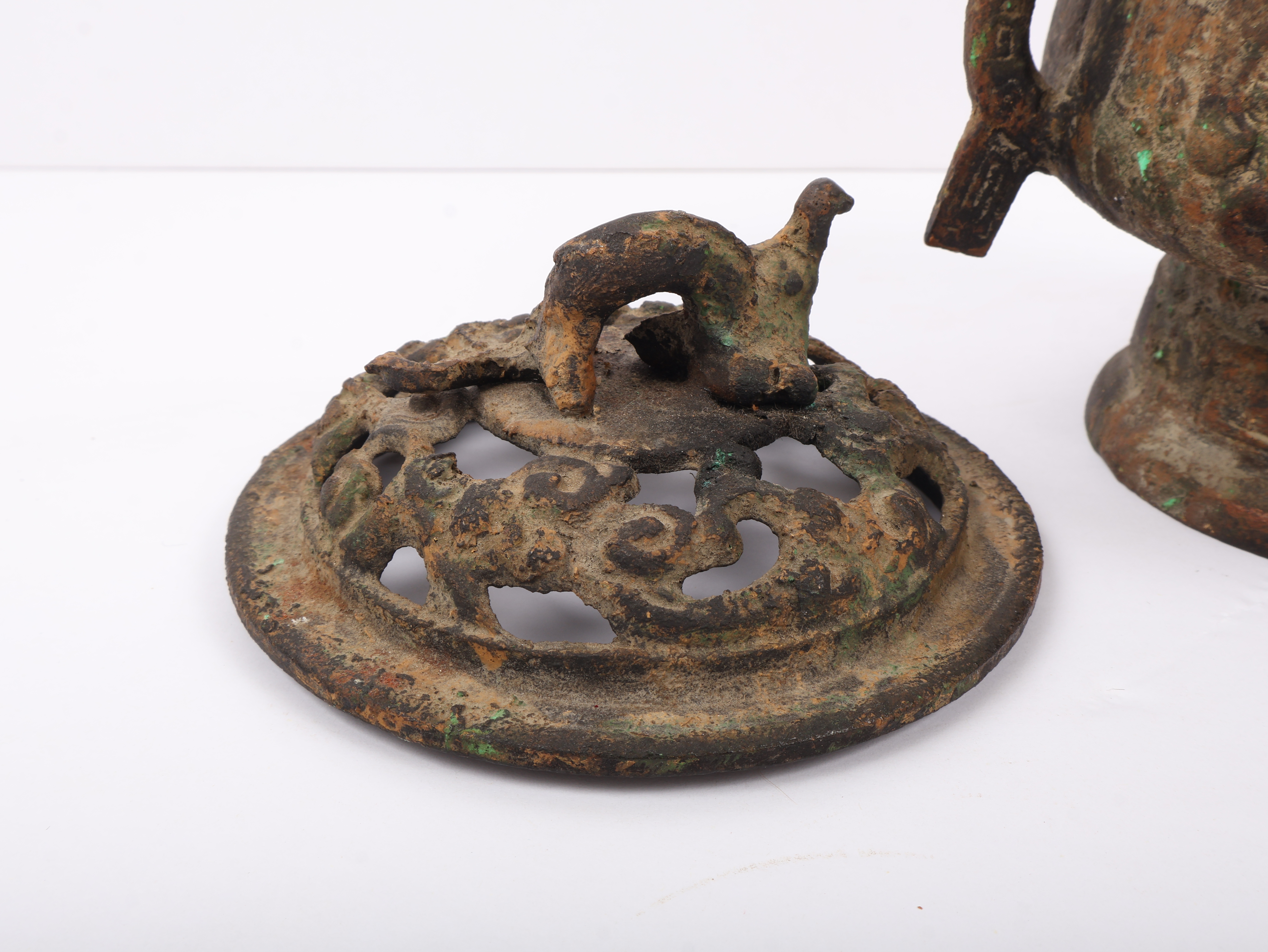 Japanese Archaistic Bronze Censer and Cover with Bird Finial