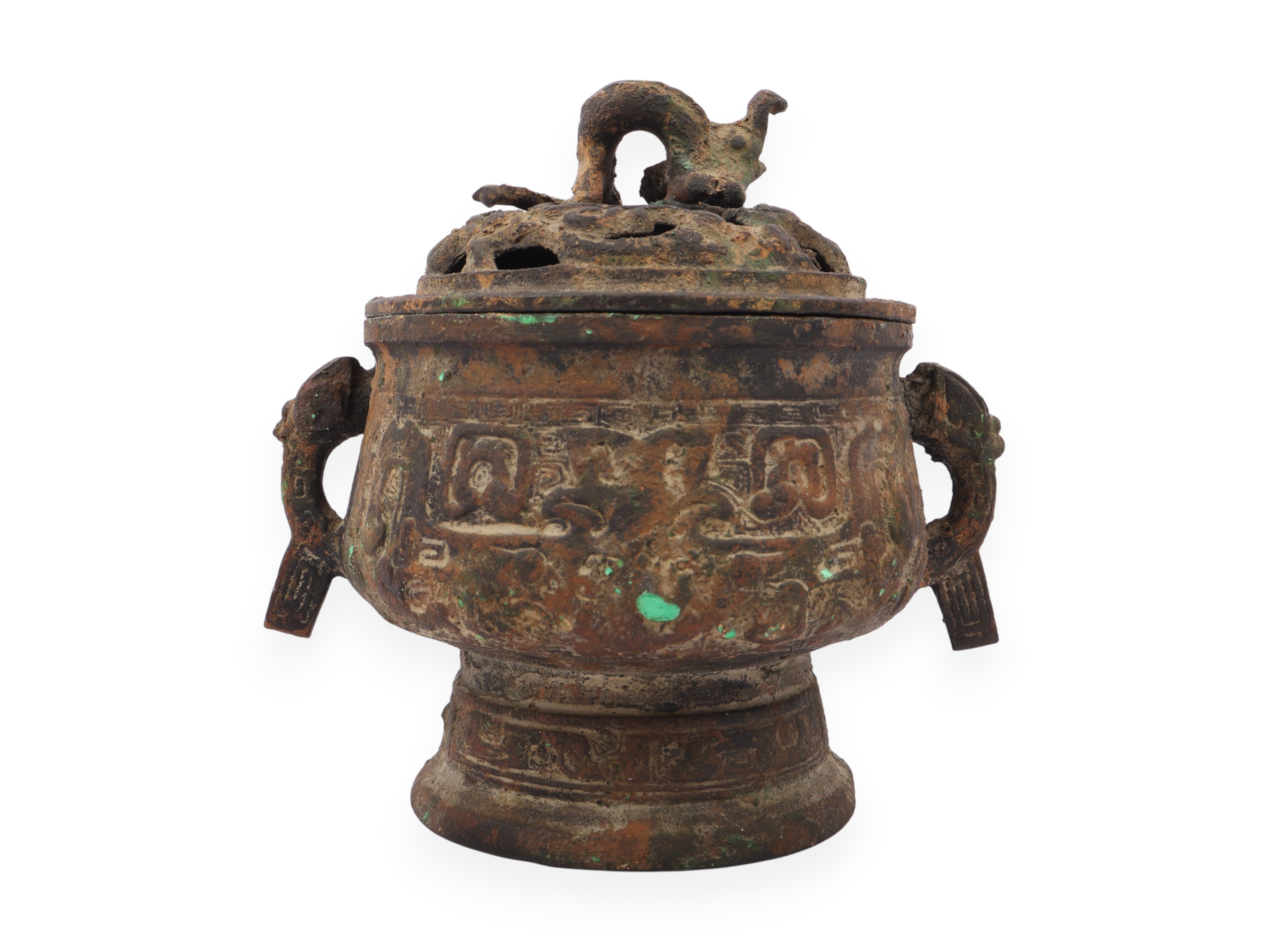 Japanese Archaistic Bronze Censer and Cover with Bird Finial
