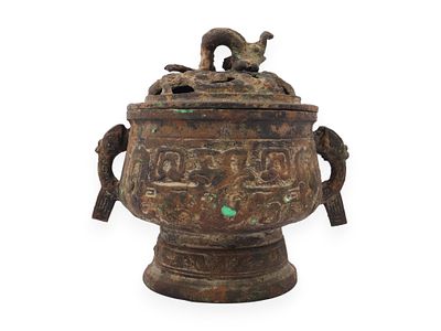 Japanese Archaistic Bronze Censer and Cover with Bird Finial. A footed incense burner and cover 