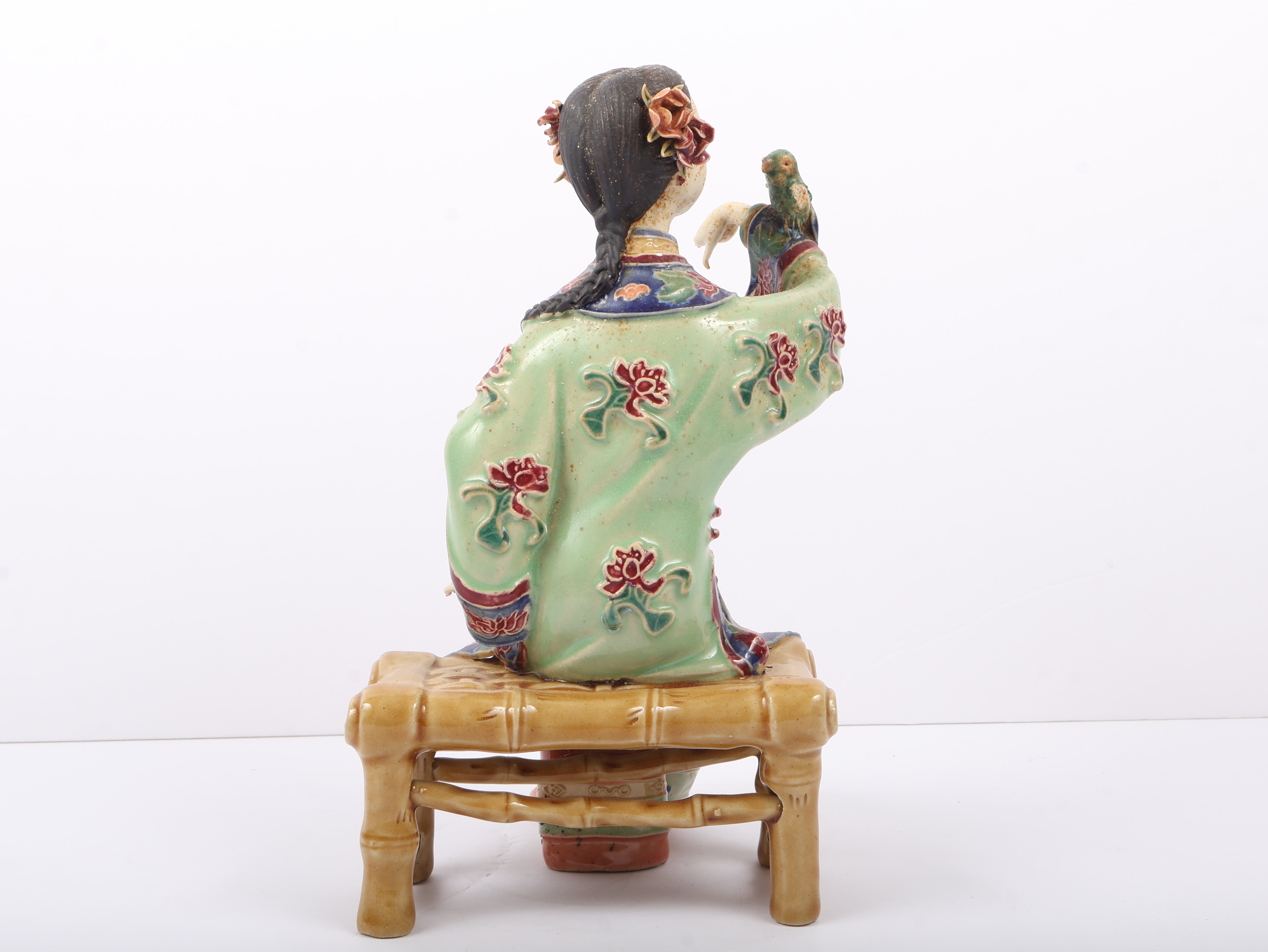 Chinese Shiwan Polychrome Ceramic Figurine of a Seated Lady by Guo Lin