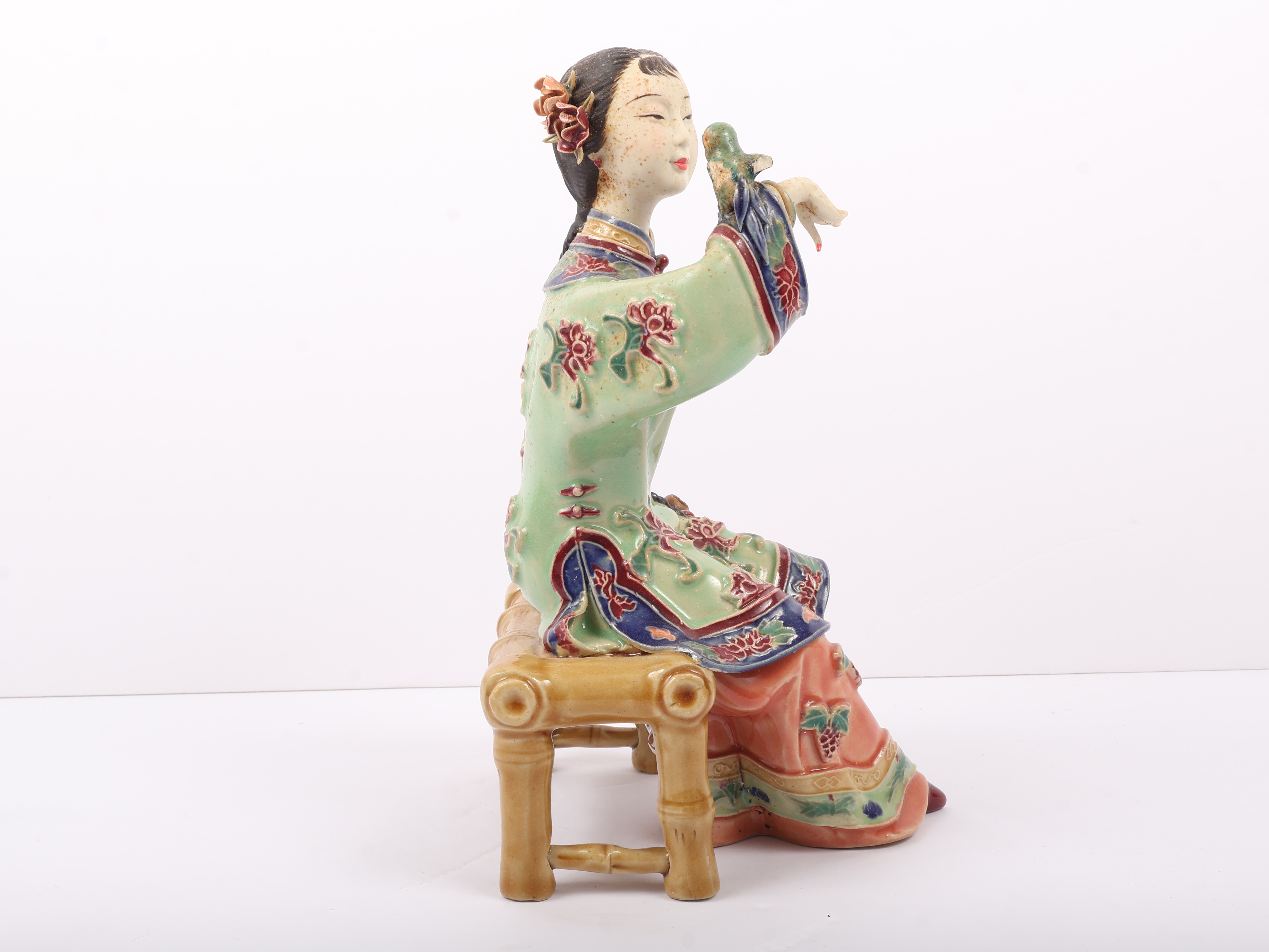 Chinese Shiwan Polychrome Ceramic Figurine of a Seated Lady by Guo Lin