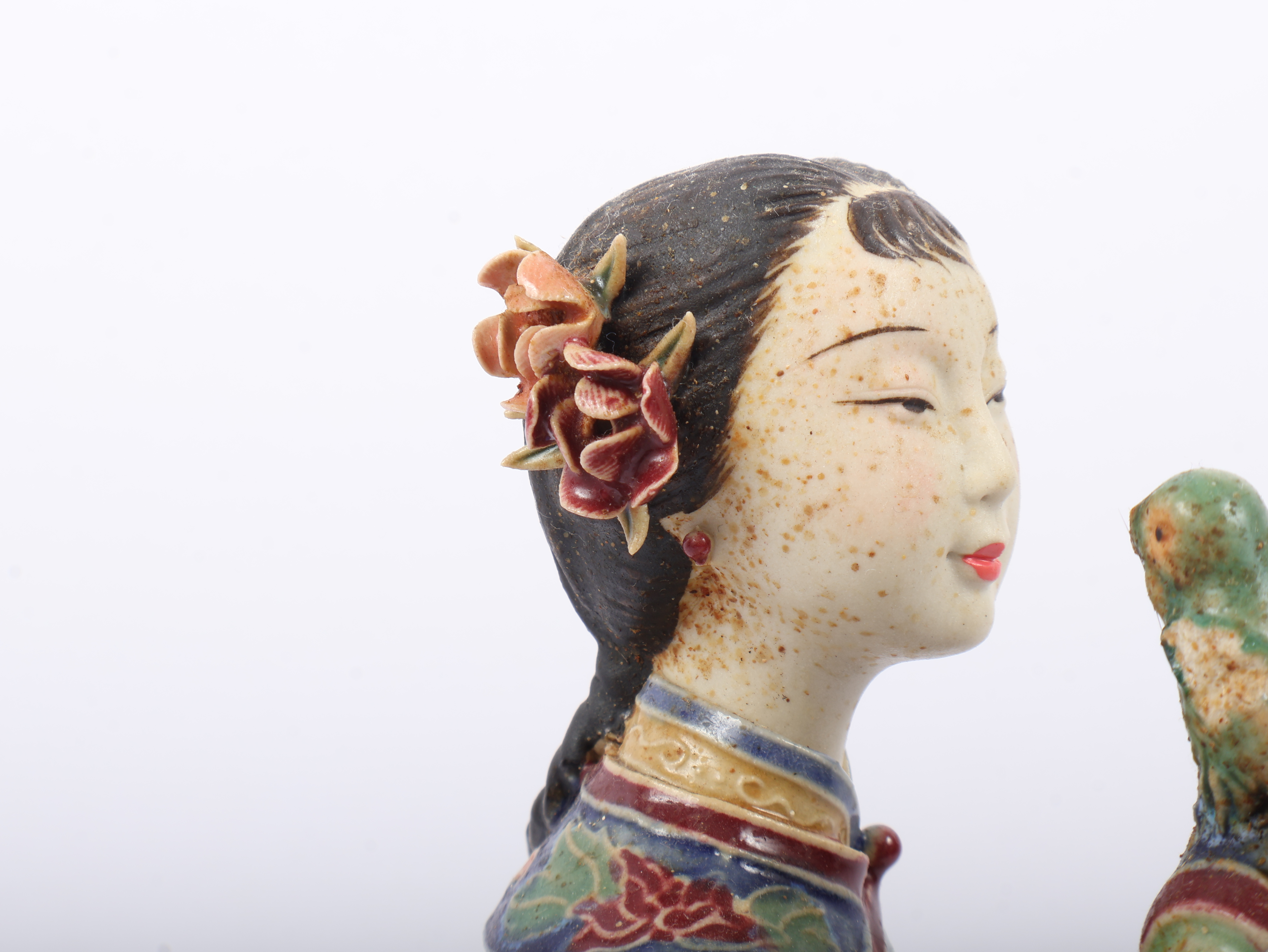 Chinese Shiwan Polychrome Ceramic Figurine of a Seated Lady by Guo Lin