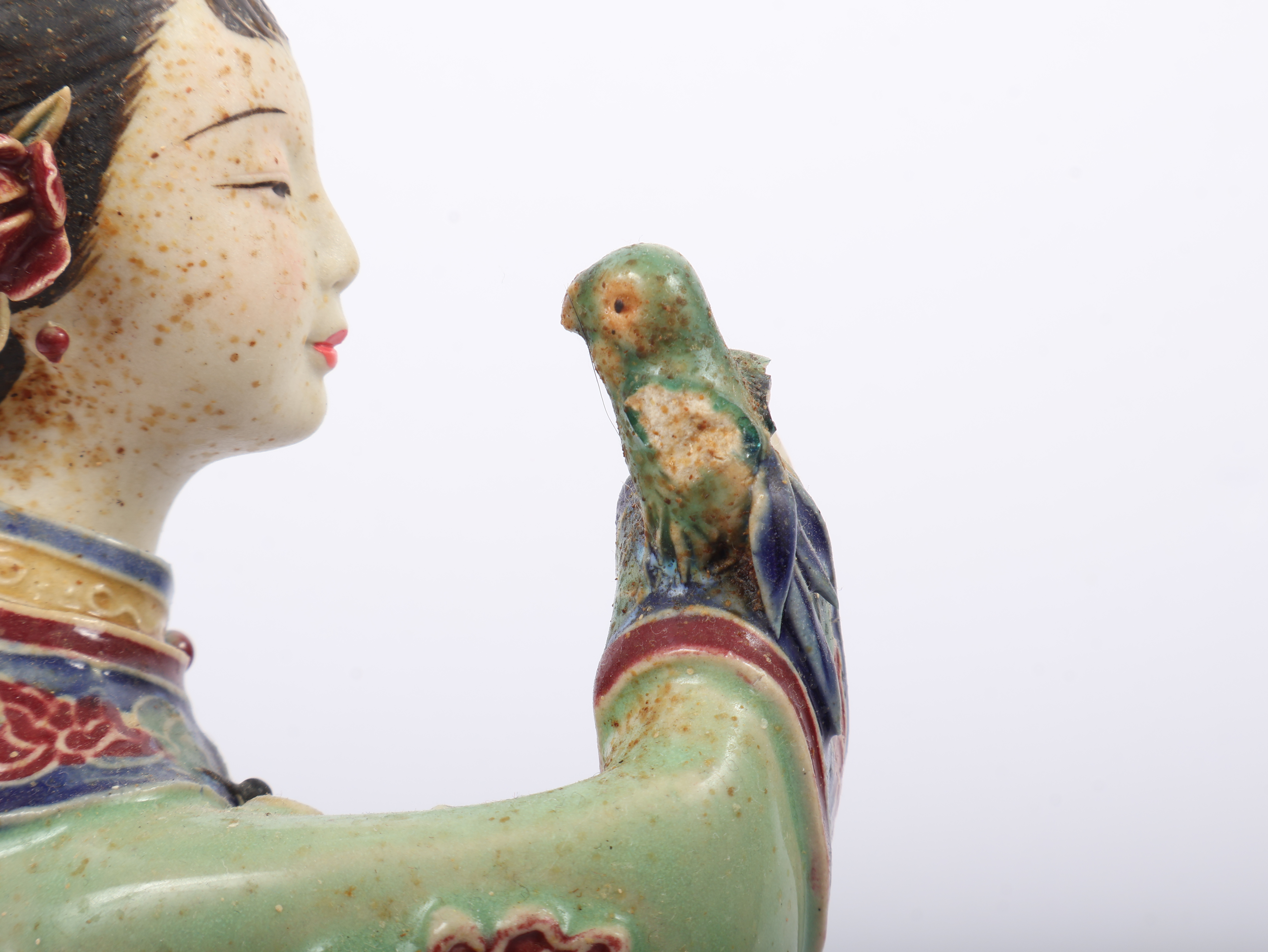 Chinese Shiwan Polychrome Ceramic Figurine of a Seated Lady by Guo Lin