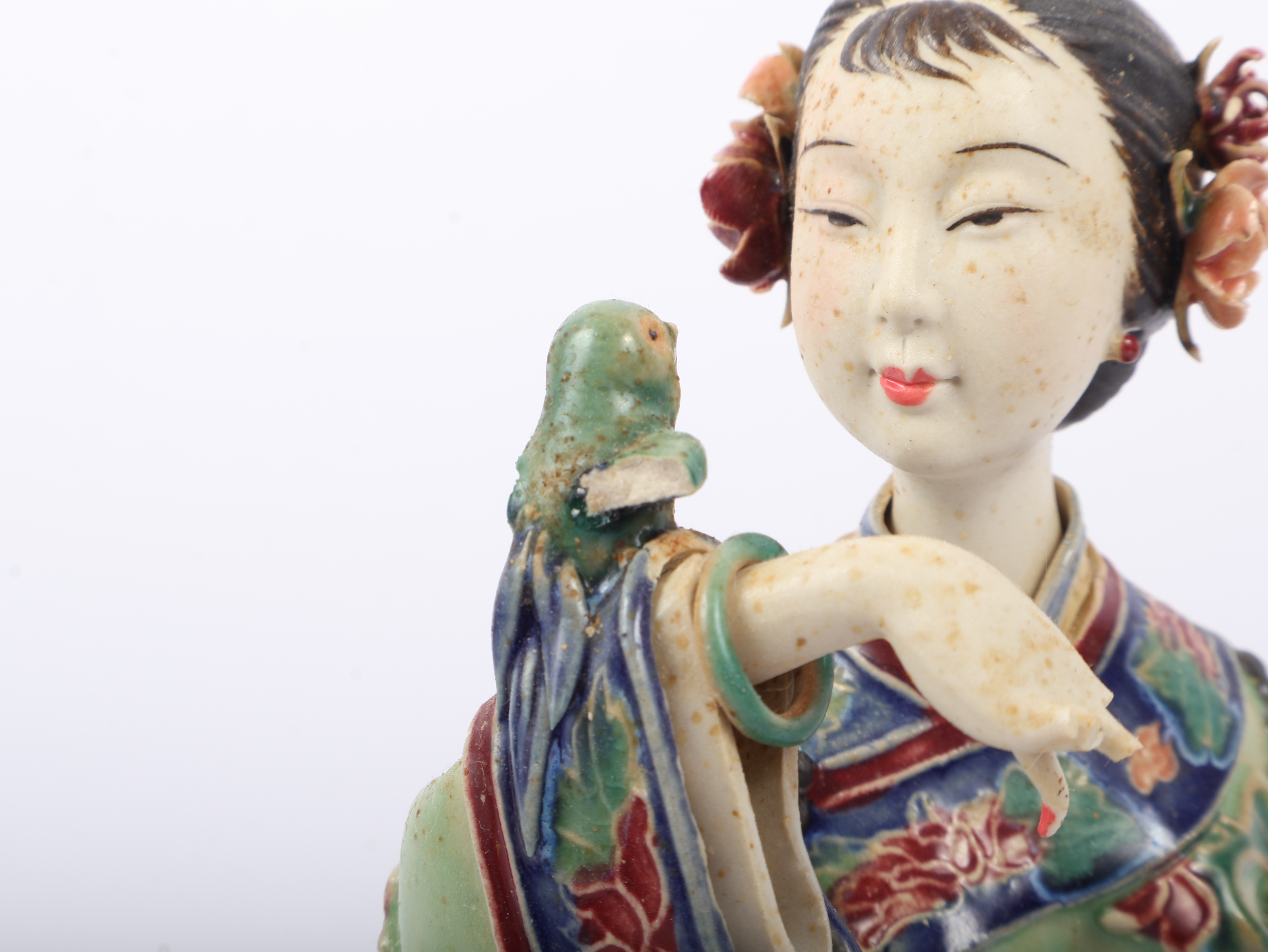 Chinese Shiwan Polychrome Ceramic Figurine of a Seated Lady by Guo Lin