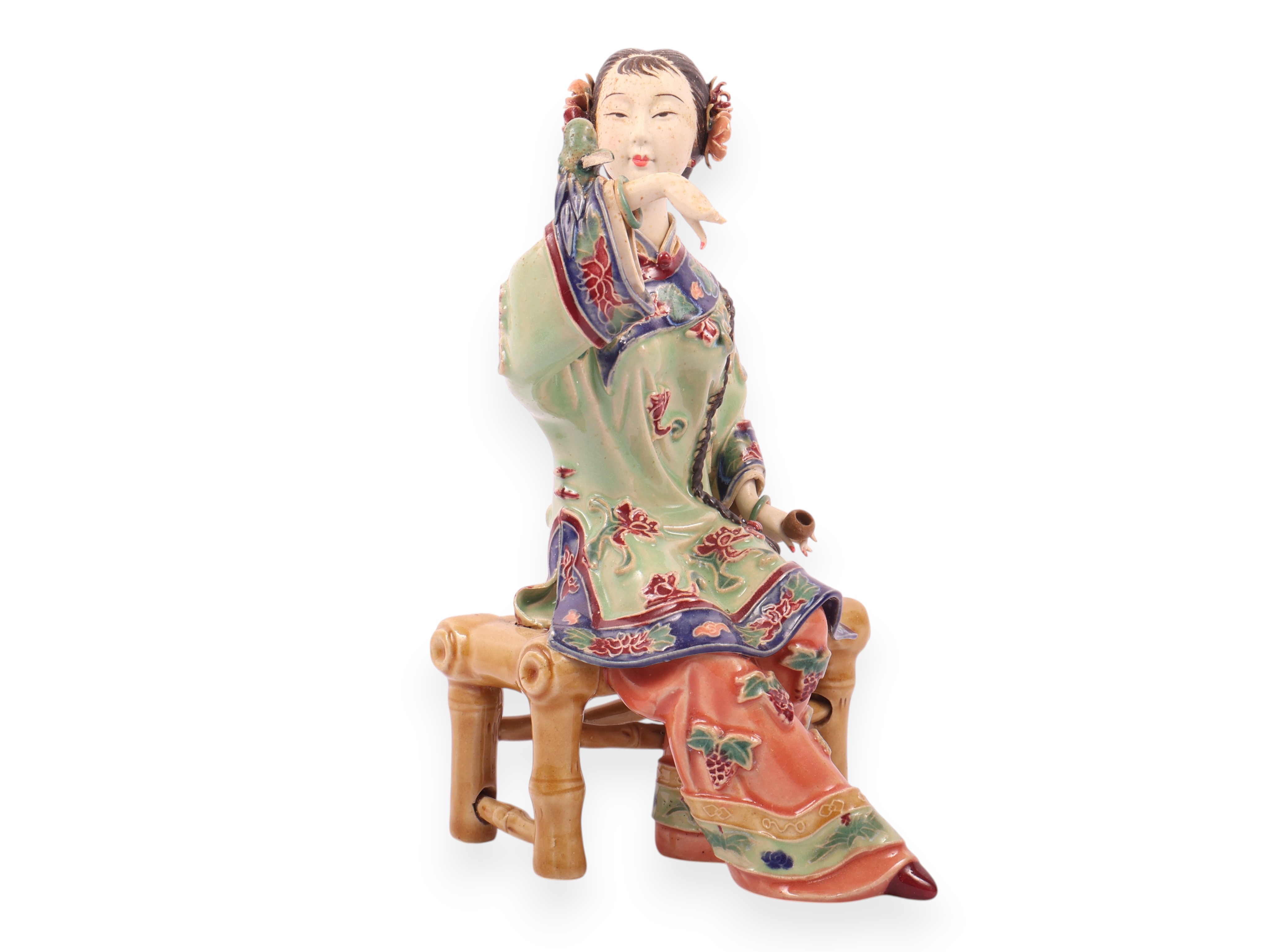 Chinese Shiwan Polychrome Ceramic Figurine of a Seated Lady by Guo Lin