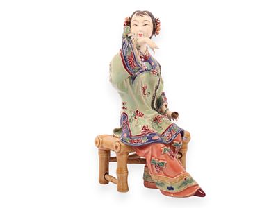 Chinese Shiwan Polychrome Ceramic Figurine of a Seated Lady by Guo Lin. A polychrome ceramic 