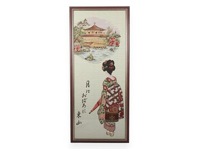 Japanese Woven Textile Picture of Maiko and Kinkaku-ji Kyoto. A vintage Japanese machine-woven 