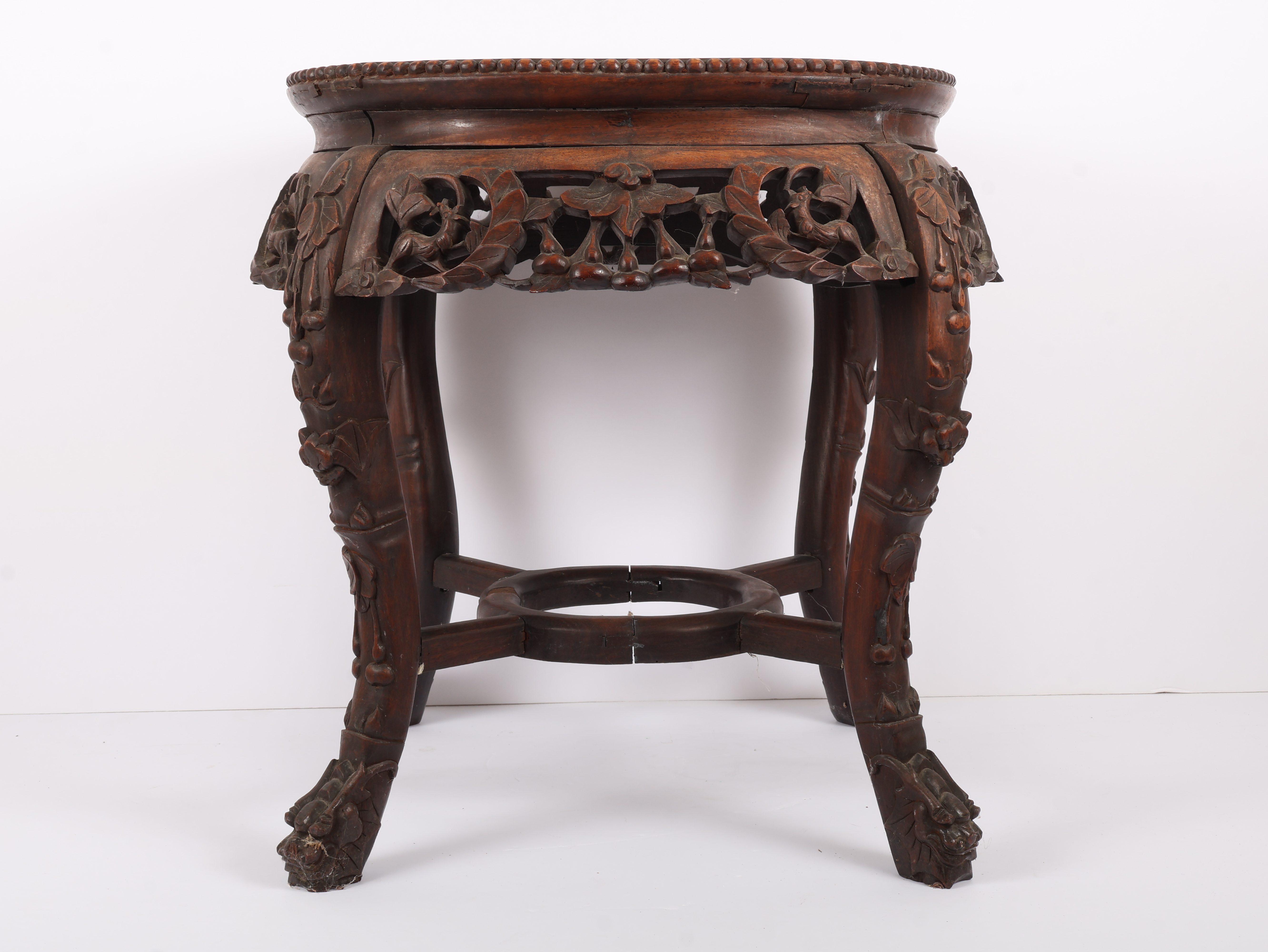 Antique Chinese Carved Hardwood and Marble Top Jardiniere Stand