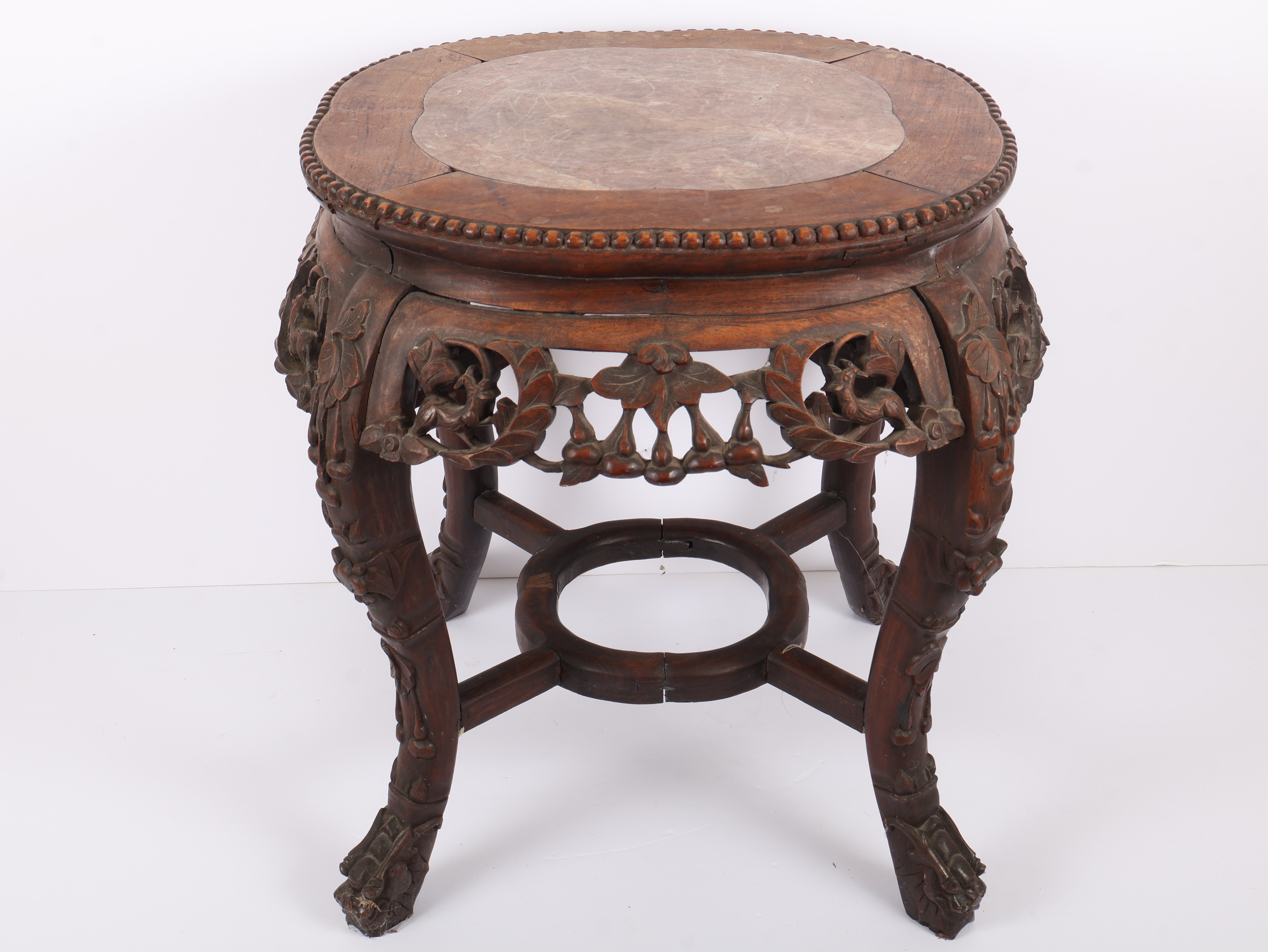 Antique Chinese Carved Hardwood and Marble Top Jardiniere Stand