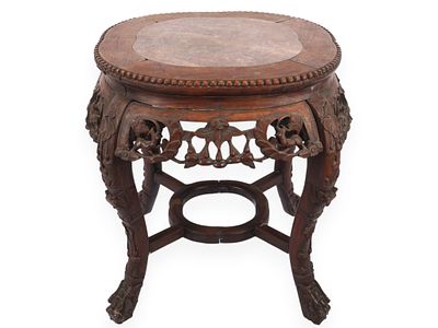 Antique Chinese Carved Hardwood and Marble Top Jardiniere Stand. A circular Chinese carved 