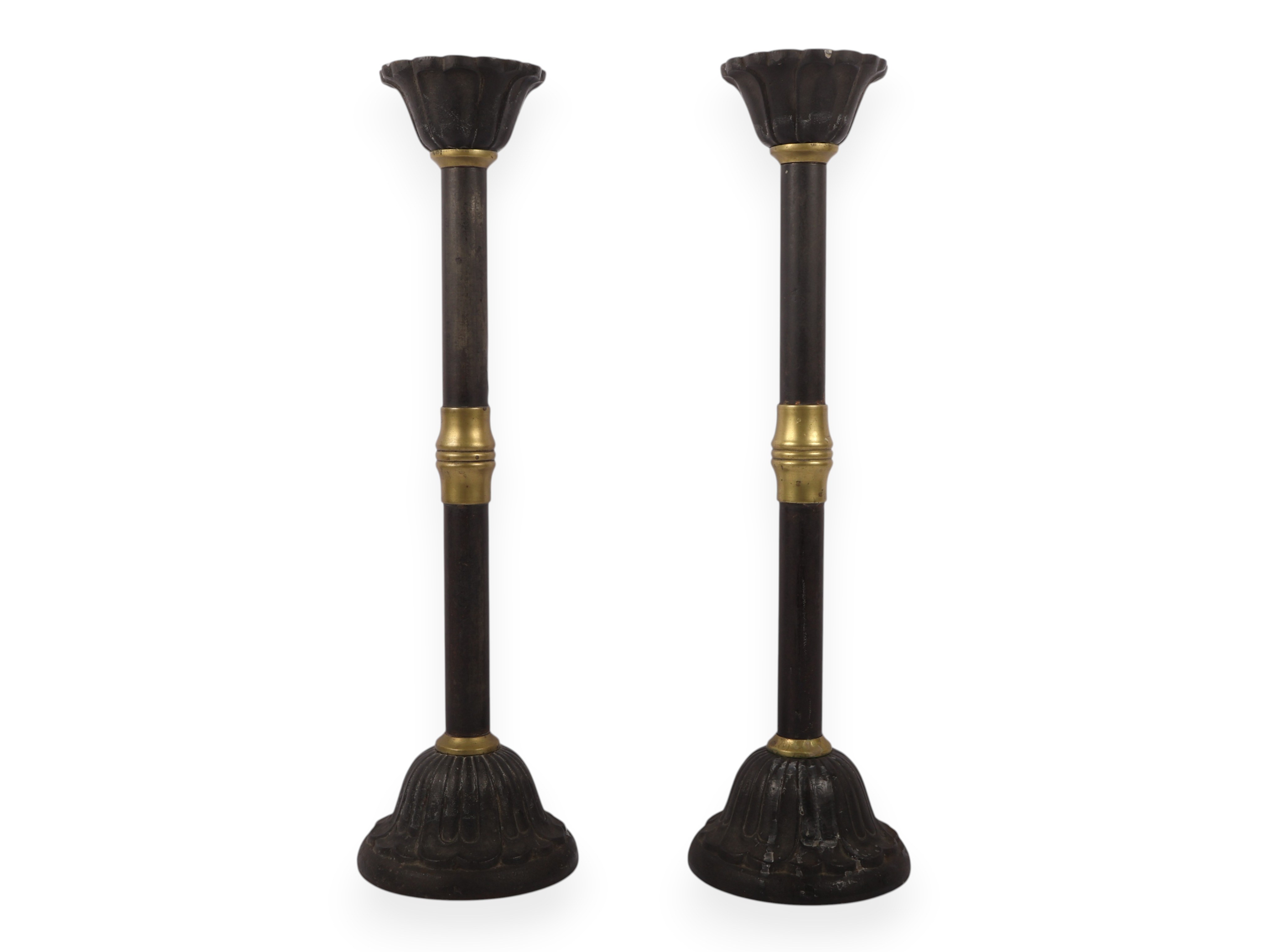 A Pair of Large Late 19th Century Patinated Iron and Turned Brass Candlesticks