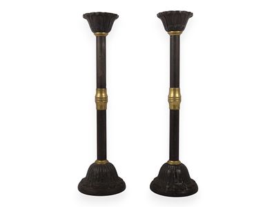 A Pair of Large Late 19th Century Patinated Iron and Turned Brass Candlesticks. A pair of tall 