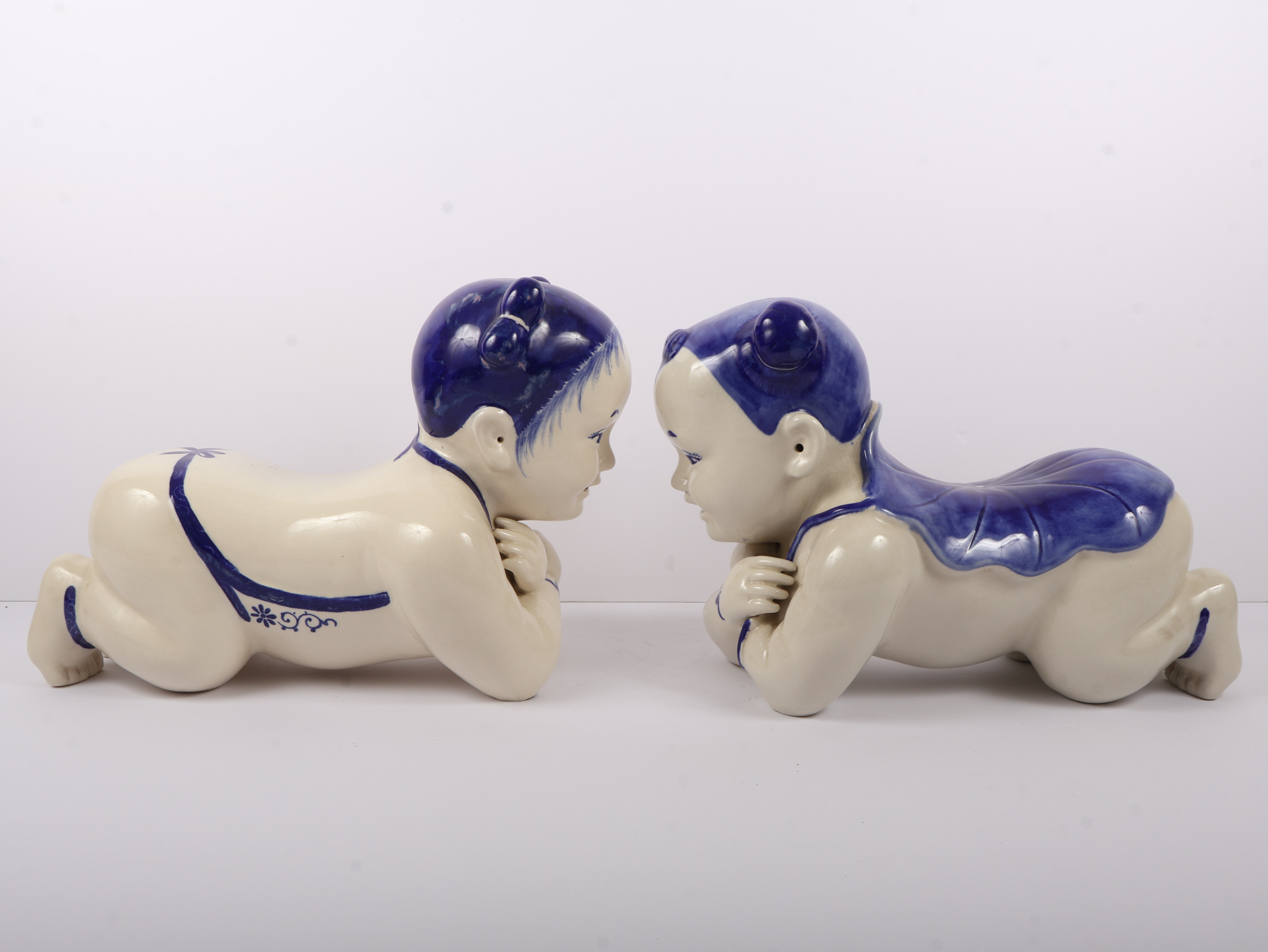 A Pair of Large Chinese Blue and White Porcelain Baby Pillows