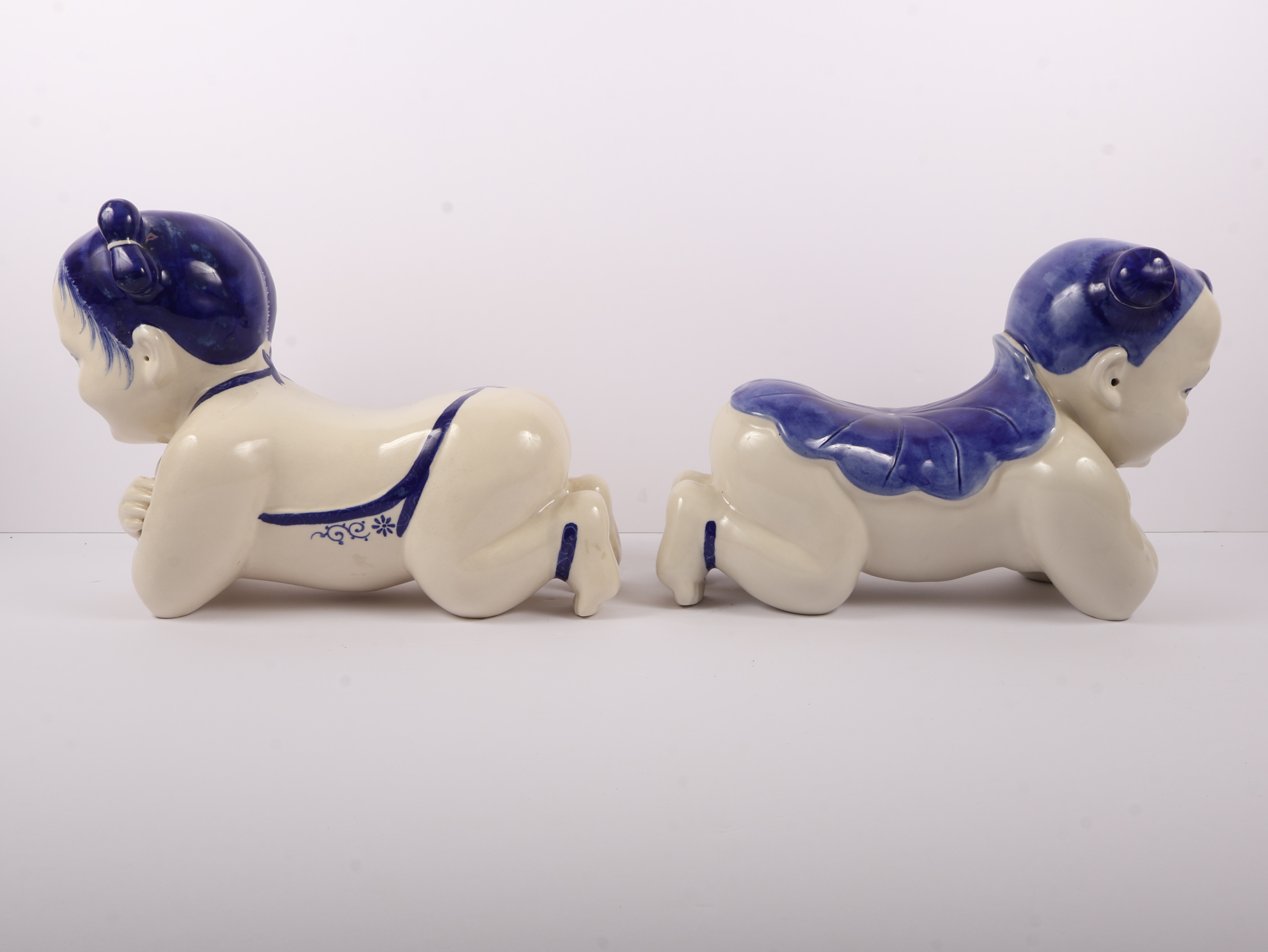 A Pair of Large Chinese Blue and White Porcelain Baby Pillows