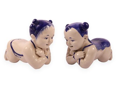 A Pair of Large Chinese Blue and White Porcelain Baby Pillows. A pair of large-scale decorative 