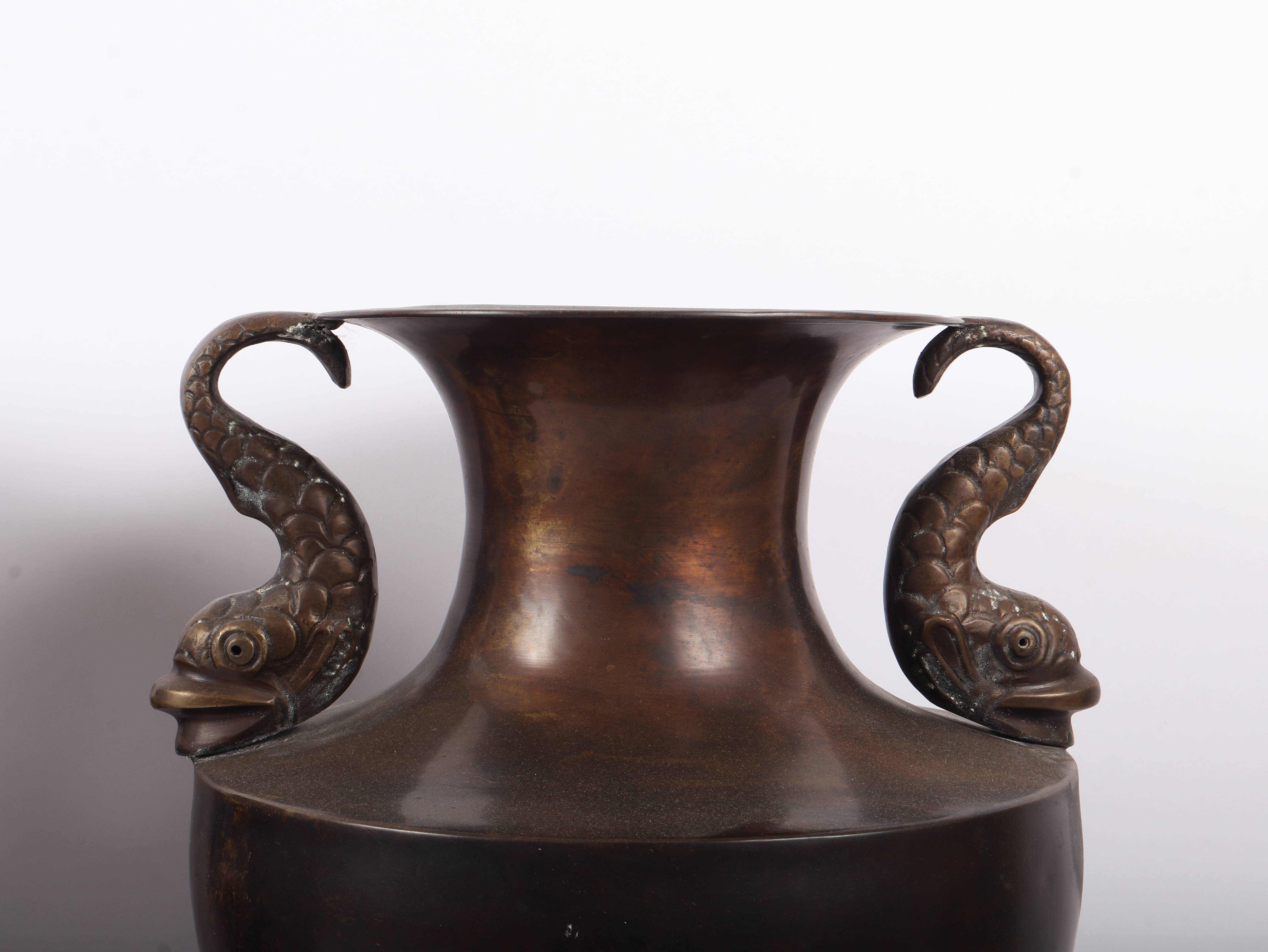 A Pair of Neoclassical Style Brass Urns with Dolphin Handles