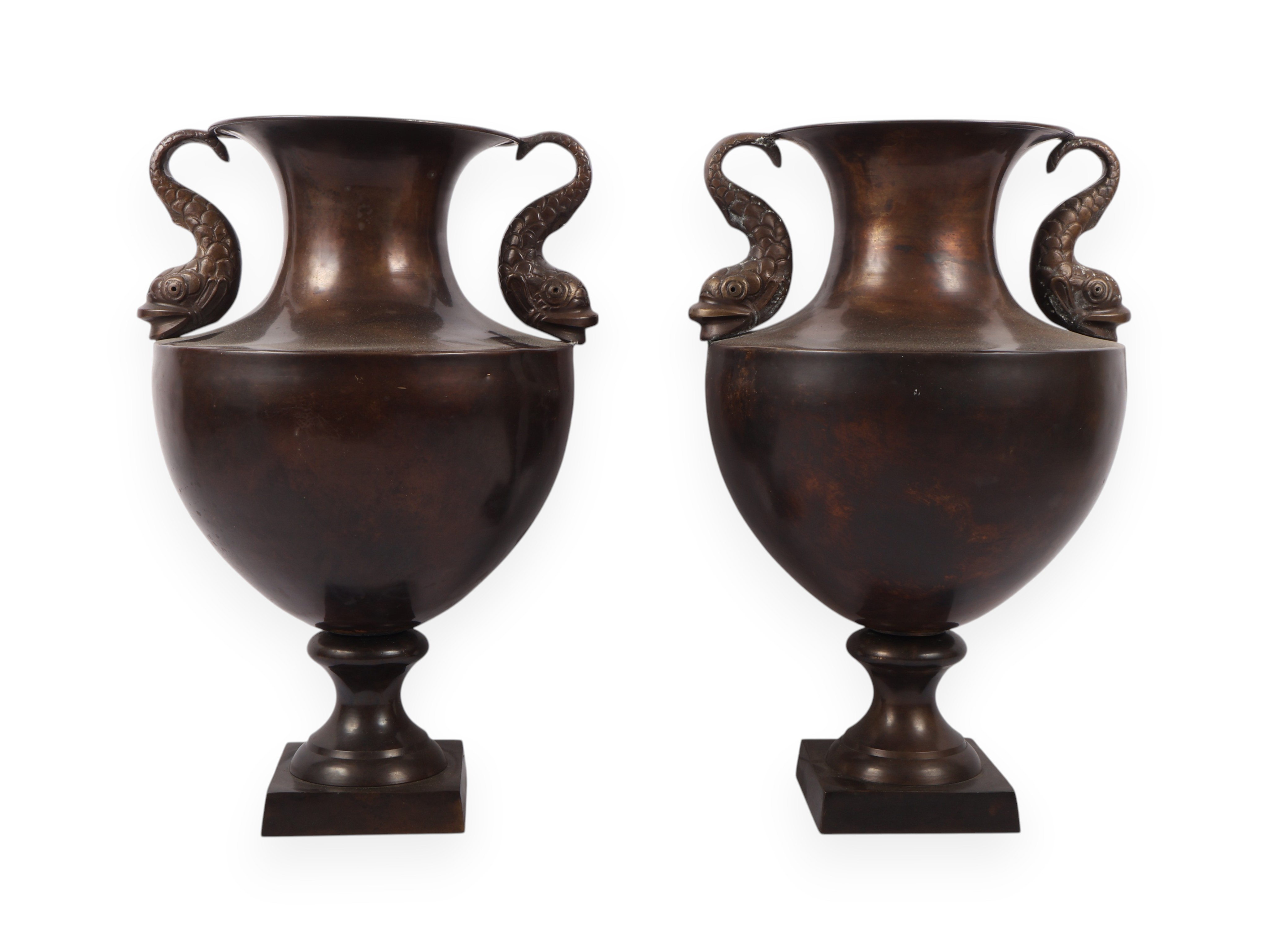 A Pair of Neoclassical Style Brass Urns with Dolphin Handles