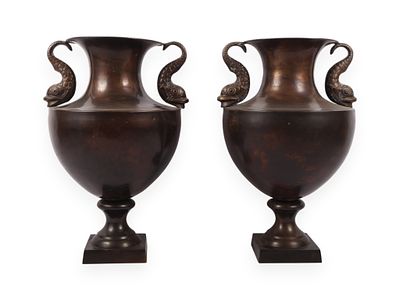 A Pair of Neoclassical Style Brass Urns with Dolphin Handles. A pair of solid brass decorative 