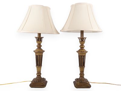 A Pair of Neoclassical Style Openwork Gilt Composition Table Lamps. A pair of table lamps 