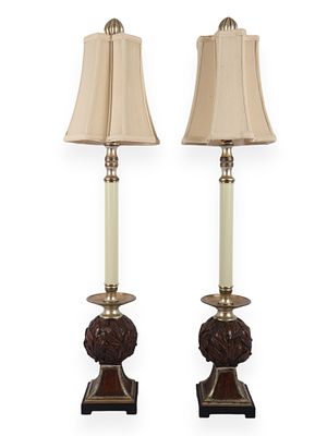 A Pair of Uttermost 35-Inch Acanthus Leaf Buffet Lamps. A matched pair of tall table lamps by 