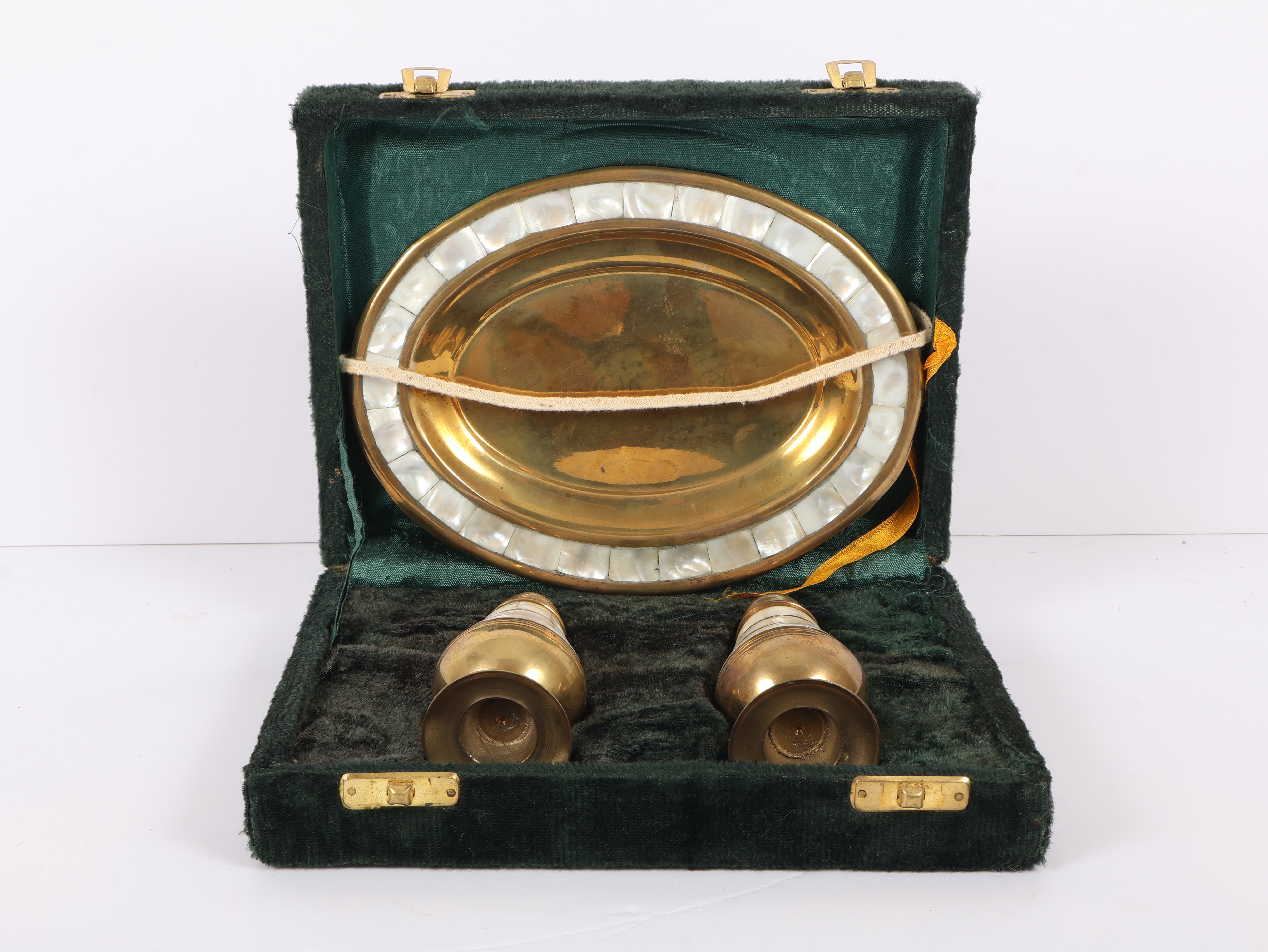Three Piece Brass and Mother of Pearl Salt and Pepper Shaker Set